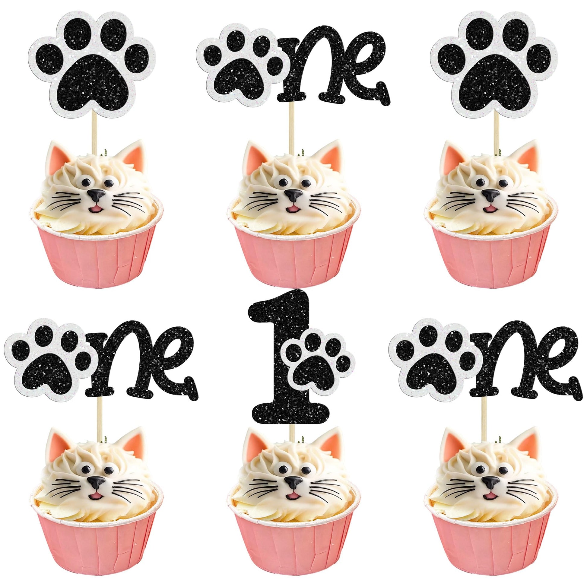 Gyufise Dog Paw Cupcake Toppers, 24 Pcs, Glitter, 2.4 inches, Black, First Birthday Party Decorations