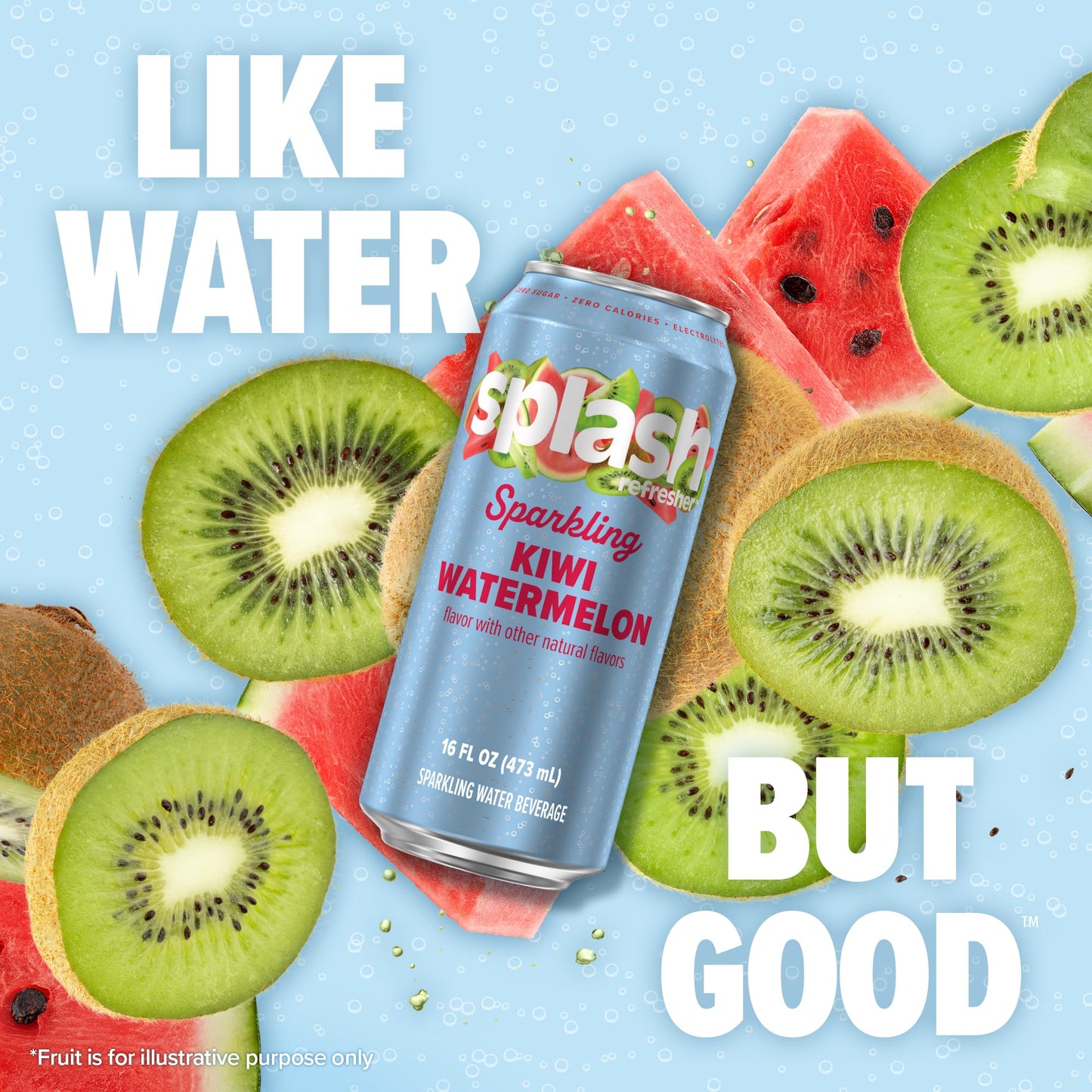 Splash Refresher Sparkling Water, Kiwi Watermelon - 12-Pack, 16 Fl Oz Cans - Flavored Carbonated Seltzer Water with Electrolytes