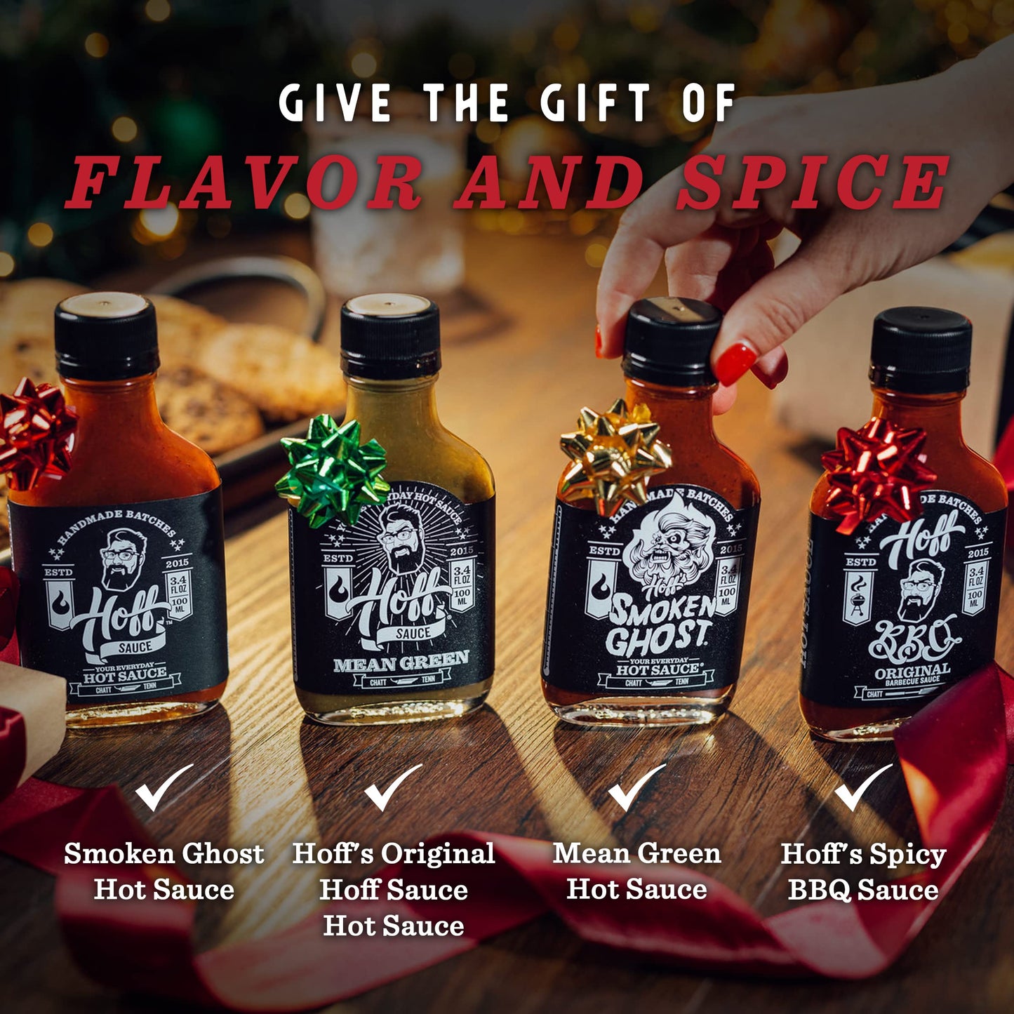 Hoff Sauce Hot Sauce Gift Box 4-Pack Mini Hot Sauce Bottles Of Handmade Tennessee Hot Sauces And Bbq Sauce Gift Set For Grilling