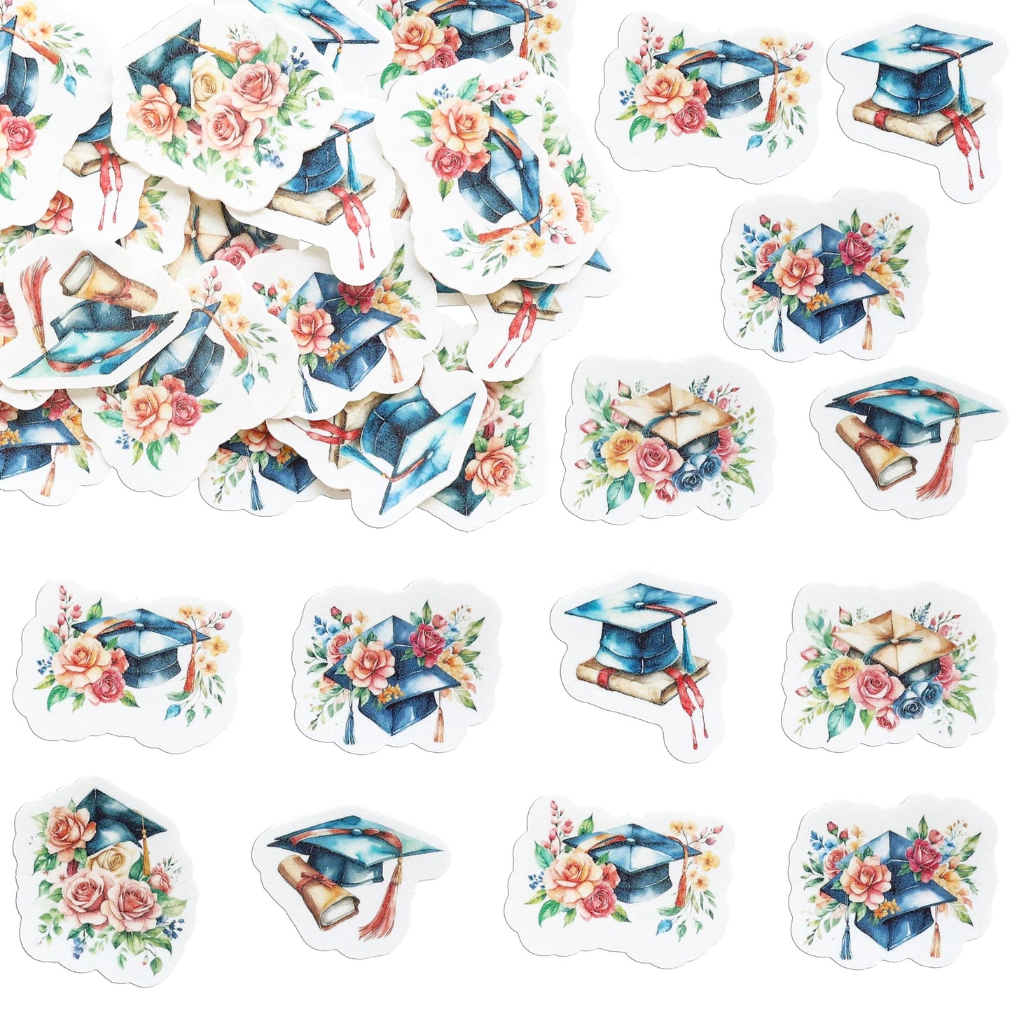 Ephlyn 54Pcs Edible 2025 Graduation Cupcake Toppers Wafer Paper Flower Grad Cap Cupcake Picks Diploma Done Congrats Grad Cake De