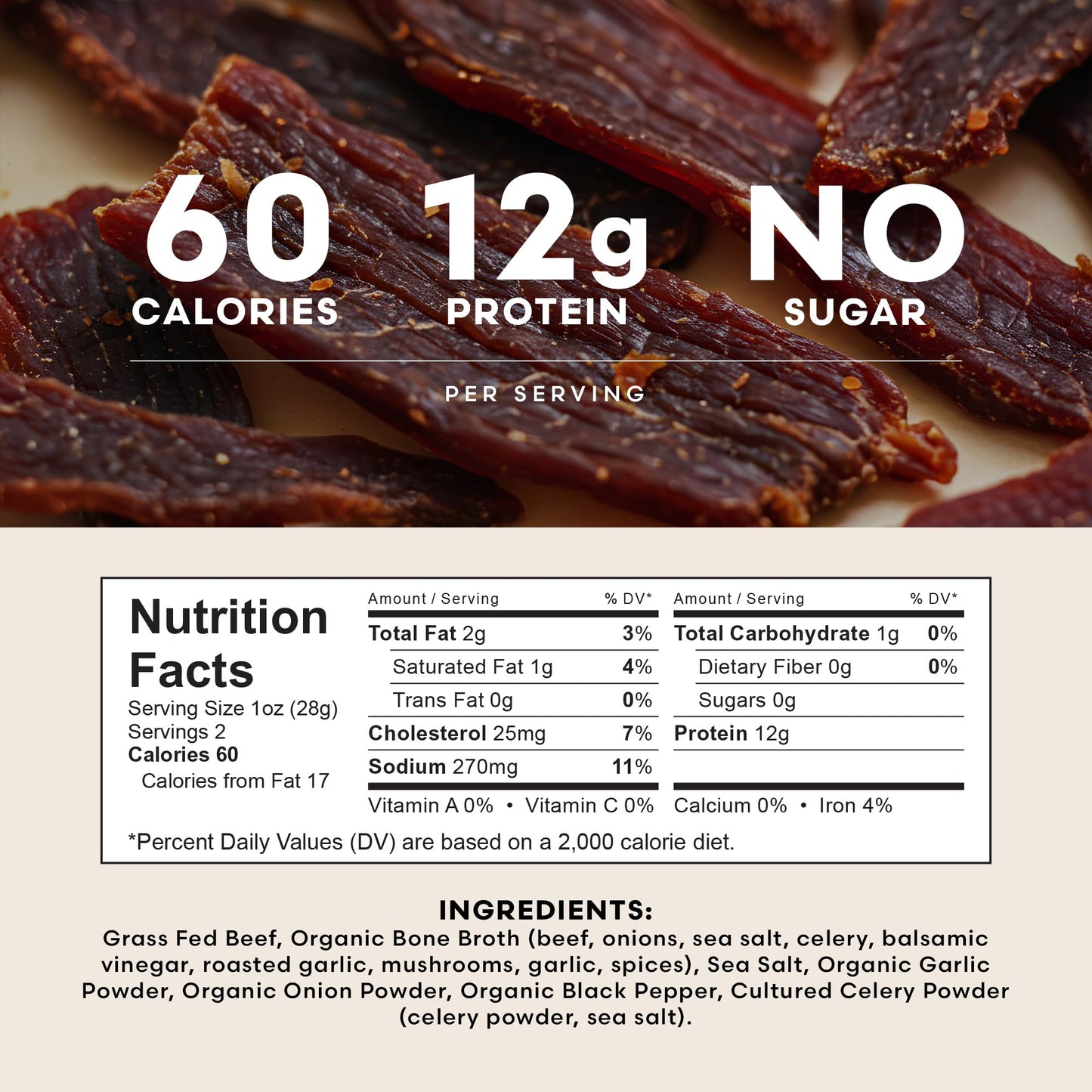 Organic Bone Broth - Grass Fed And Sugar Free Beef Jerky | Low Calorie Snack, Keto Snack, High Protein Snacks- Quick Meals, Beef