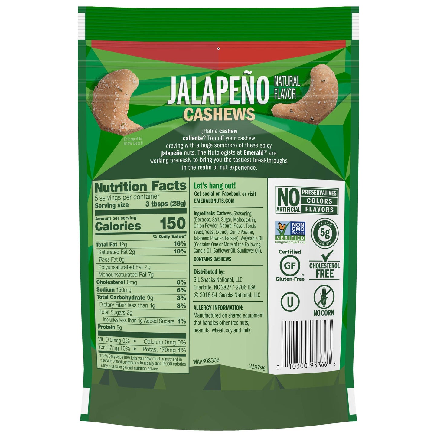 Emerald Jalapeño Cashews Stand Up Resealable Bag, 5 Ounce (Pack Of 6)