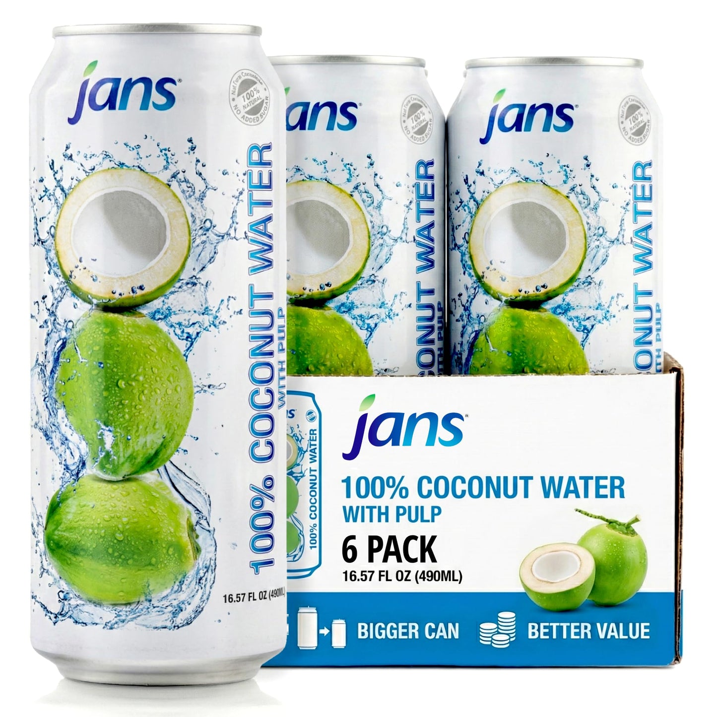Jans 100% Pure Coconut Water with Pulp (16.57 Fl Oz, Pack of 6) NO Sugar Added | Unsweetened Coconut Water | Not from Concentrat