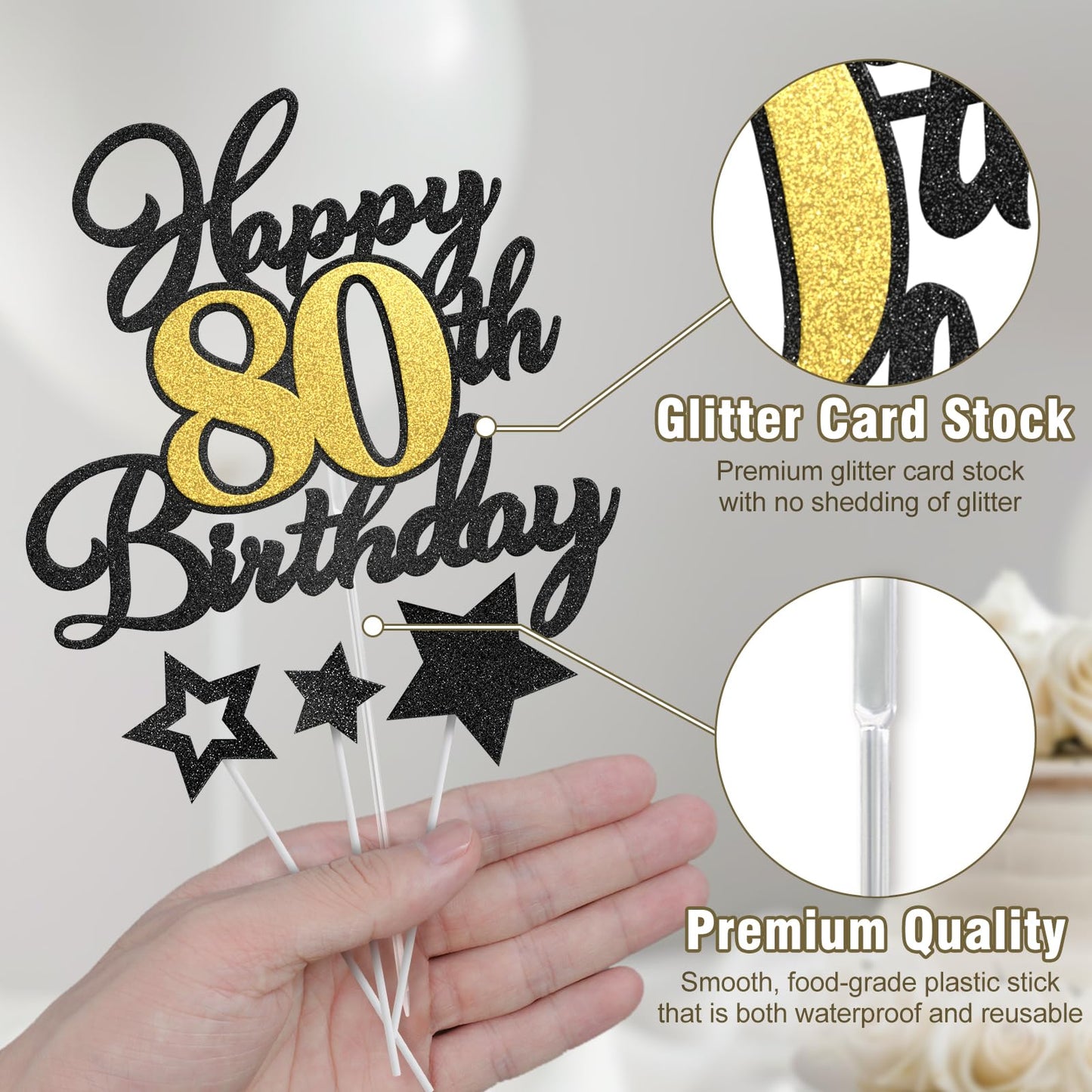 Happy 80Th Birthday Cake Toppers, Black Gold Glitter Cake Decorations Set, 80Th Birthday Decor For Men Women, Birthday Anniversa
