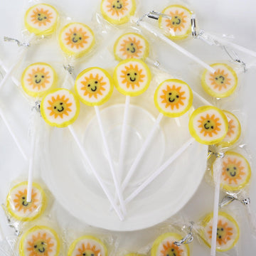 Sun Candy Lollipops - 30 Count Individually Wrapped Suckers Bulk - Cute Fun Summer Themed Yellow Candy Favors - Beach Theme Part