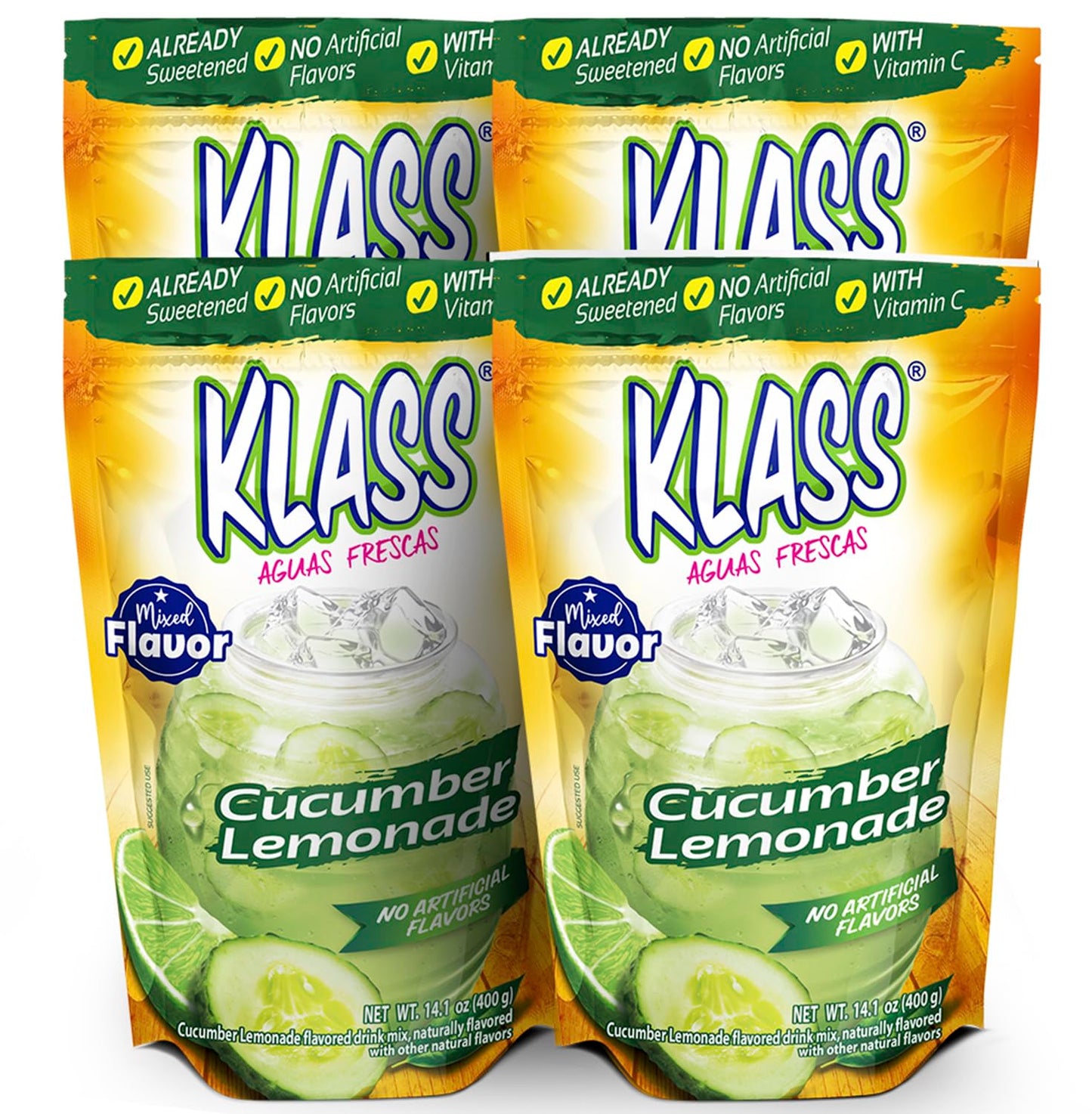 Klass Aguas Frescas | Drink Mix Cucumber Limeade | Flavors From Natural Sources, No Artificial Flavors, With Vitamin C (Makes 7 To 9 Quarts) 14.1 Oz Family Pack (4-Pack)