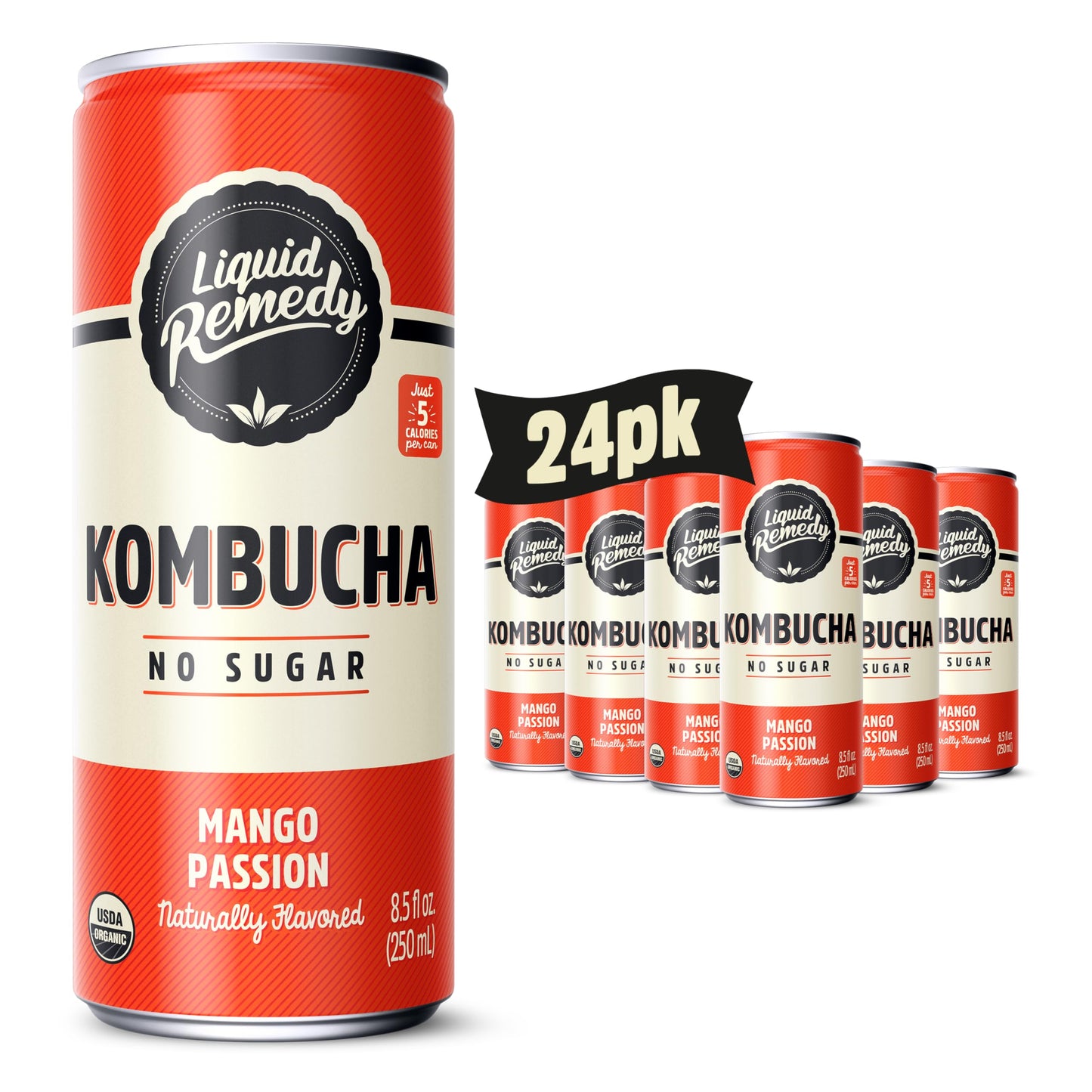 Liquid Remedy Kombucha Sugar Free Organic Drink, Low Calorie, Probiotic Like Tea For Gut Health - Mango Passion - 8.5 Fl Oz Can,