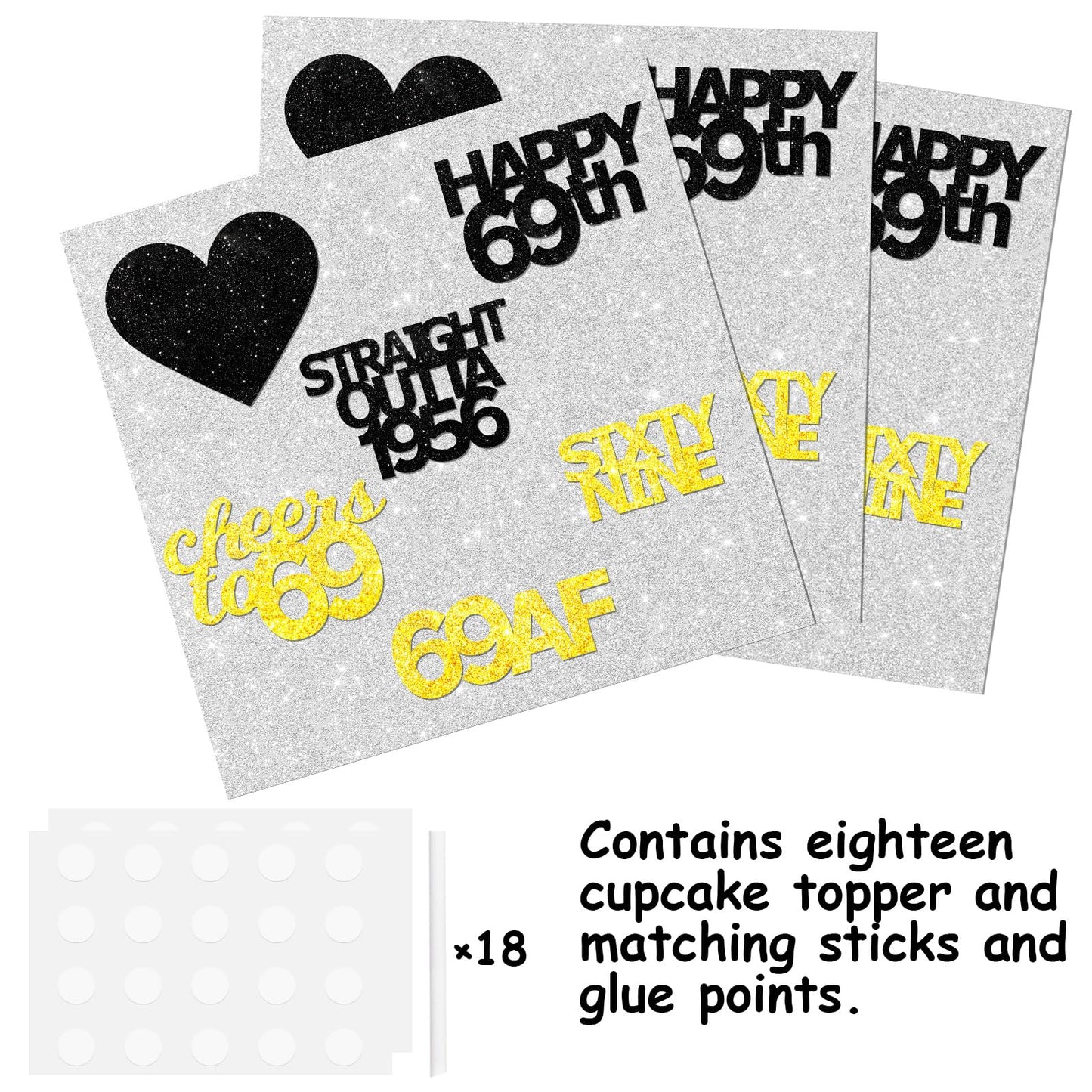 18Pcs Black Gold Glitter Dessert Cupcake Pick For Straight Outta 1956 Cheer To 69 Years Old Theme Decor Supplies Happy 69Th Birt