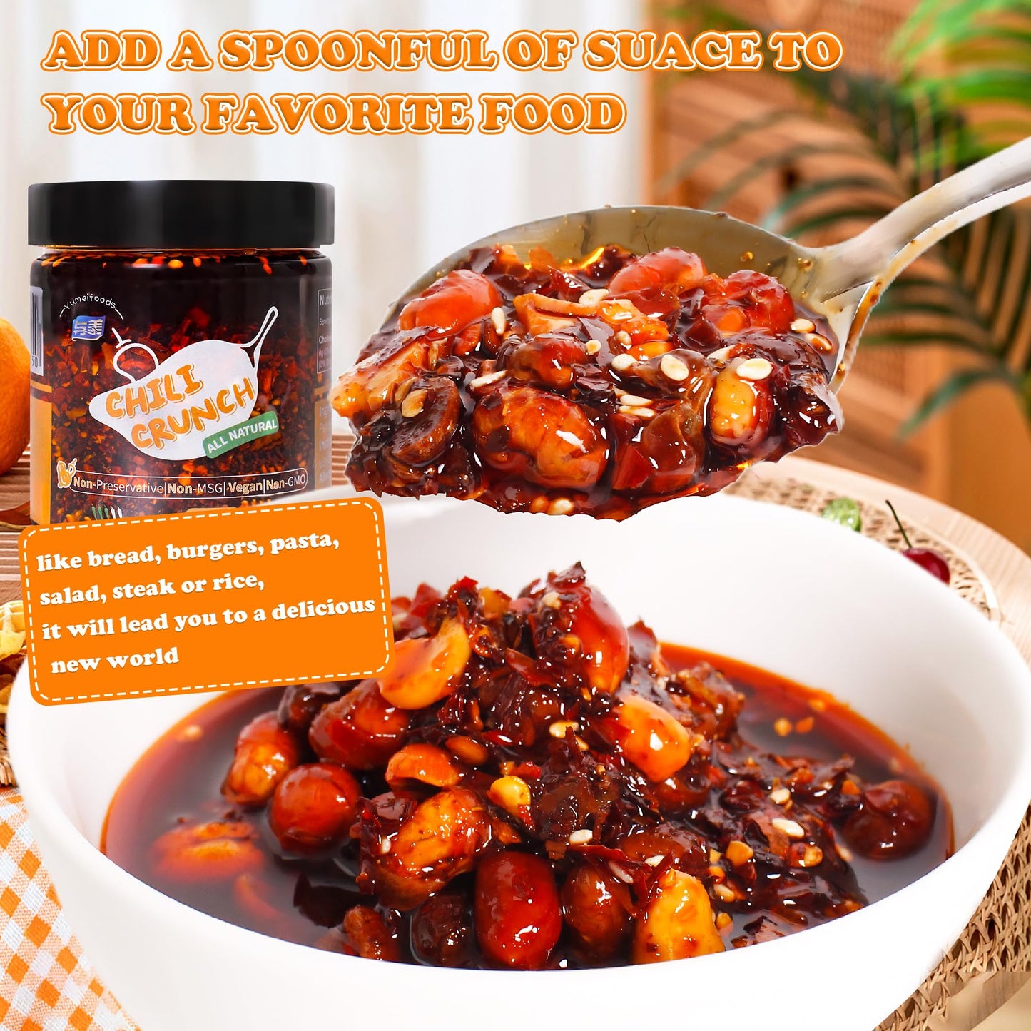 Yumei 2PACK Chili Crunch, Flavorful & All Natural Vegan Chili Crisp Oil, Non-preservative, Non-MSG, Non-GMO, Gourmet Hot Chili S