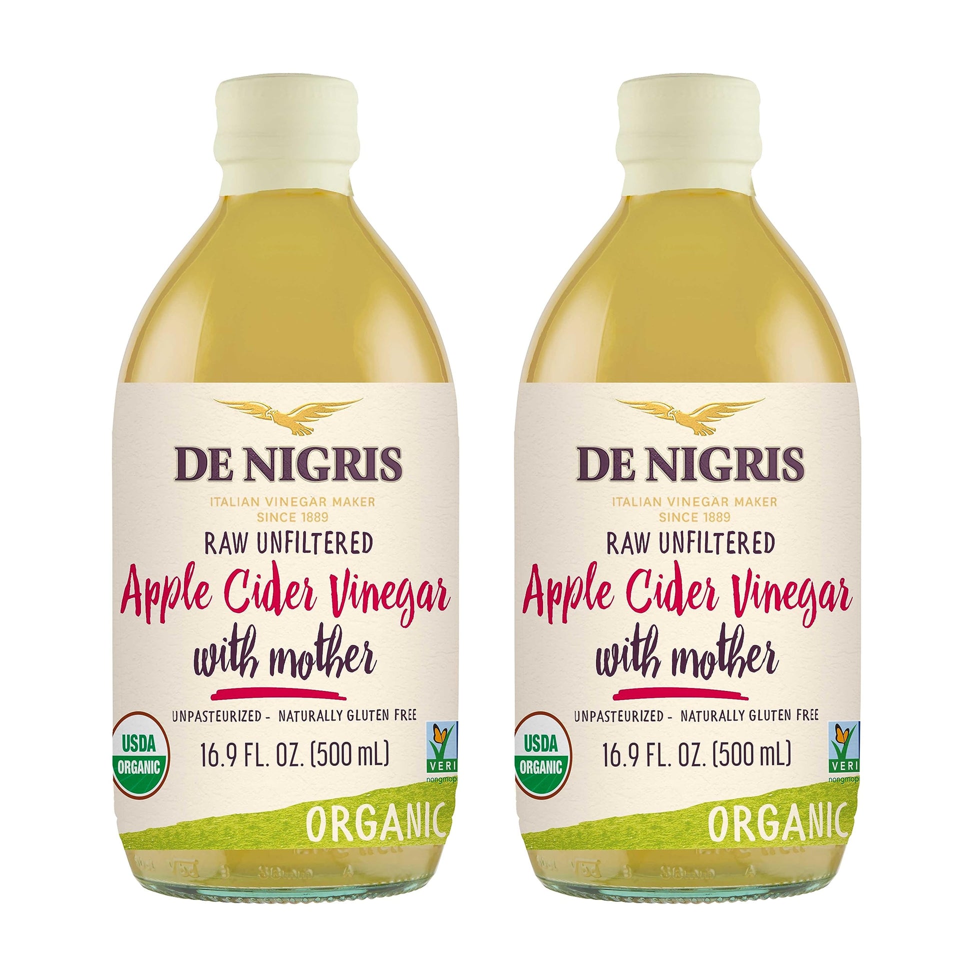 De Nigris Organic Apple Cider Vinegar Raw & Unfiltered, 16.9 Fl Oz (Pack of 2)