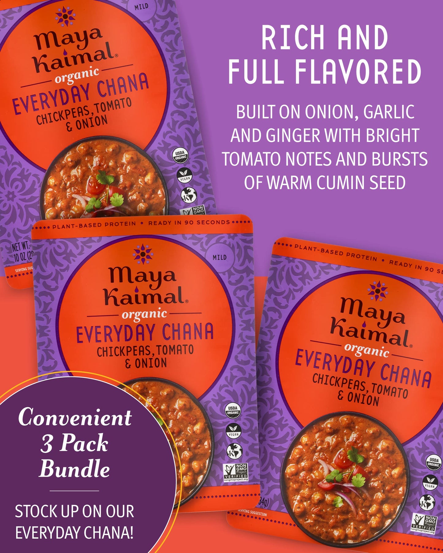 Maya Kaimal Organic Indian Everyday Chana - Fully Cooked - Vegan - Microwavable - Ready To Eat Meals (10 Ounce (Pack Of 3), Chic