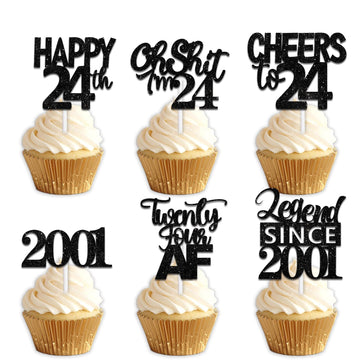 18pcs Black Glitter Happy 24th Dessert Cupcake Topper Pick for Funny Legend Since 2001 Theme Decor Supplies Men Women Happy 24 B