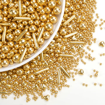 Dazzjoy Edible Gold Pearl Heart Rods Sprinkles, 130g/4.58oz, Mix Size, Gold Pearl Sprinkles for cupcake decorating, Cupcake Topp