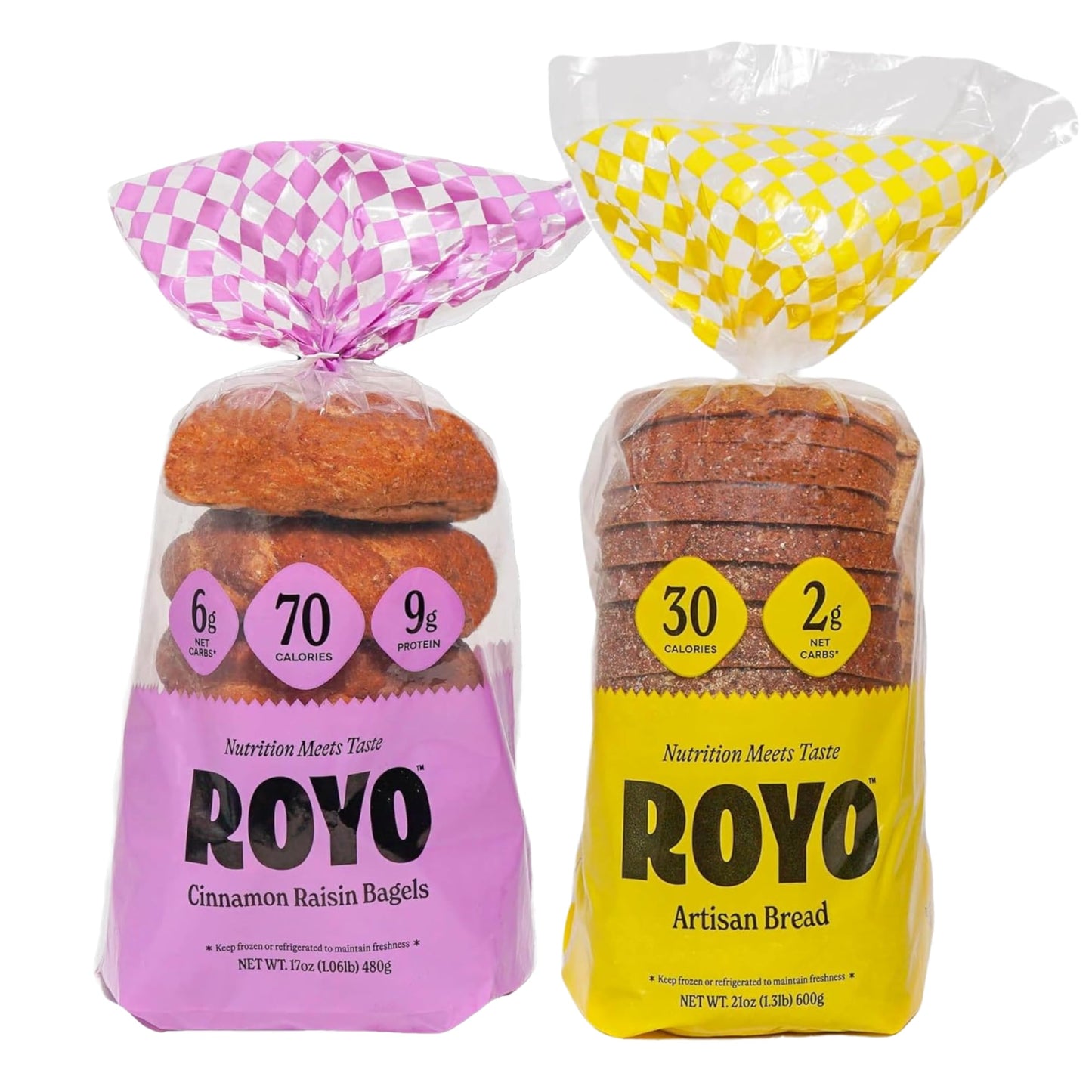 ROYO BREAD CO. 2-Pack Low Carb Artisan Bread and Bagels  30-80 Calories (Cinnamon Raisin Bagel & Artisan Bread)