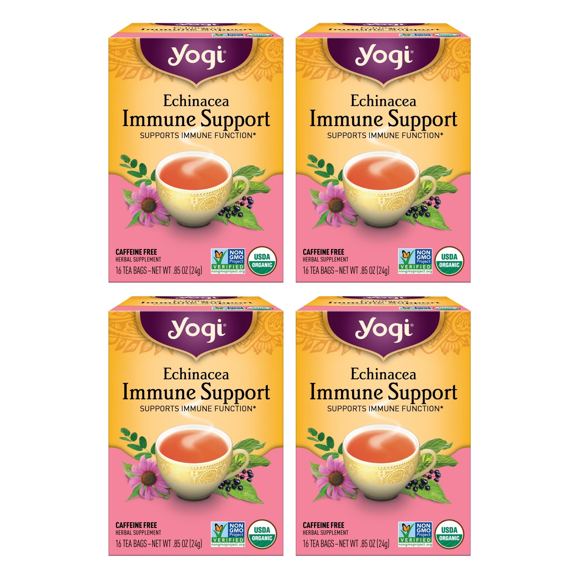 Yogi Tea Echinacea Immune Support Tea - 16 Tea Bags Per Pack (4 Packs) - Organic Immunity Support Tea - Includes Peppermint Leaf