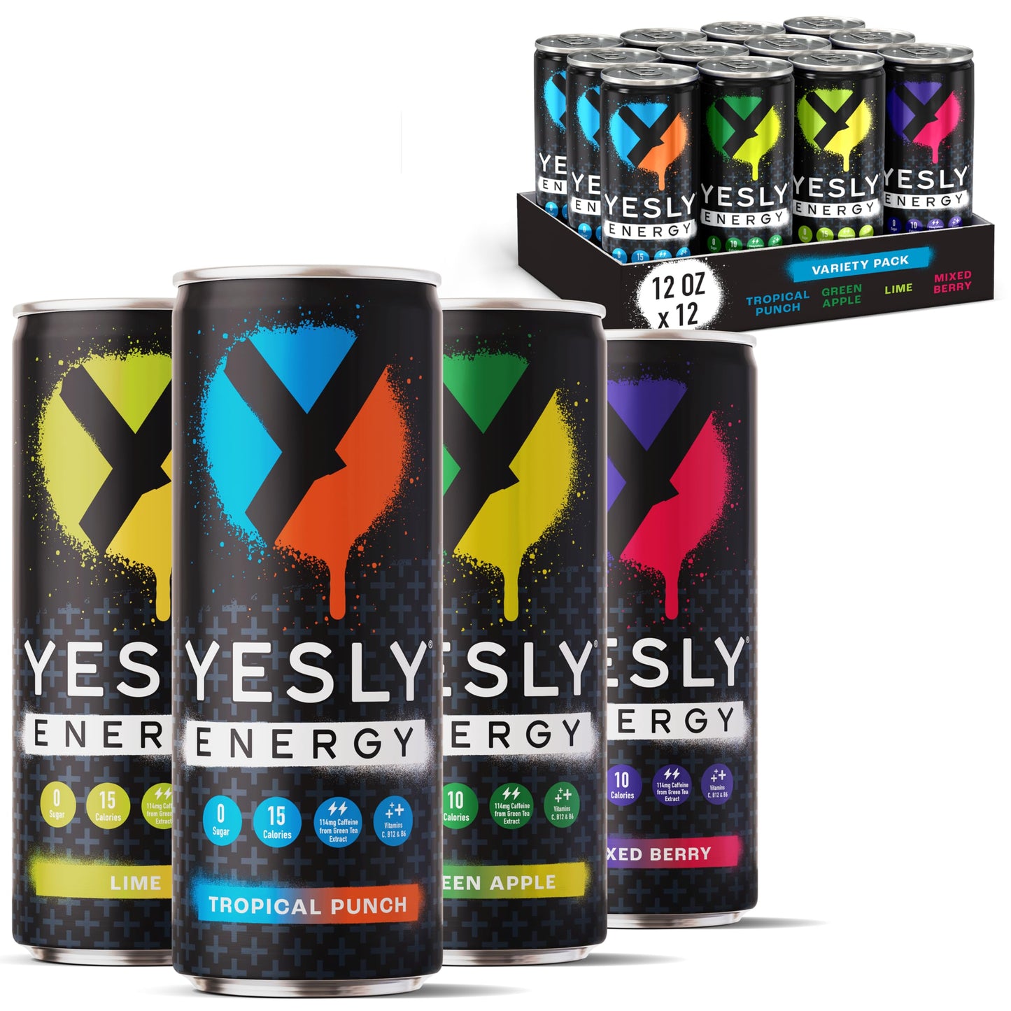 Yesly Energy Drink  Variety Pack  Naturally Flavored Sparkling Energy Drink With Electrolytes  Magnesium  Potassium  Vitamin C  B6 & B12  Natural Caffeine From Green Tea  12 Fl Oz Cans  12 Pack