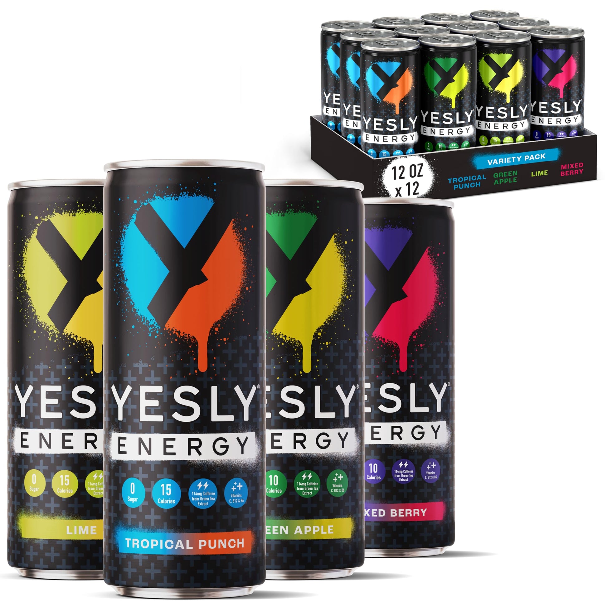 Yesly Energy Drink  Variety Pack  Naturally Flavored Sparkling Energy Drink With Electrolytes  Magnesium  Potassium  Vitamin C  B6 & B12  Natural Caffeine From Green Tea  12 Fl Oz Cans  12 Pack