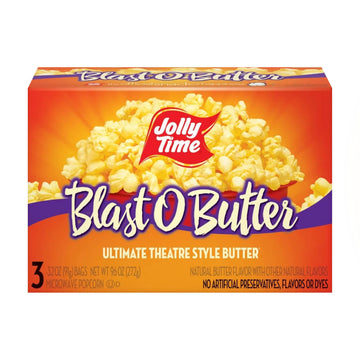 Jolly Time Blast O Butter, Ultimate Movie Theater Butter Microwave Popcorn, 3.2oz Sharing Bag, 3 Bags Per Carton (Blast O Butter, 3.2 Ounce (Carton of 3))
