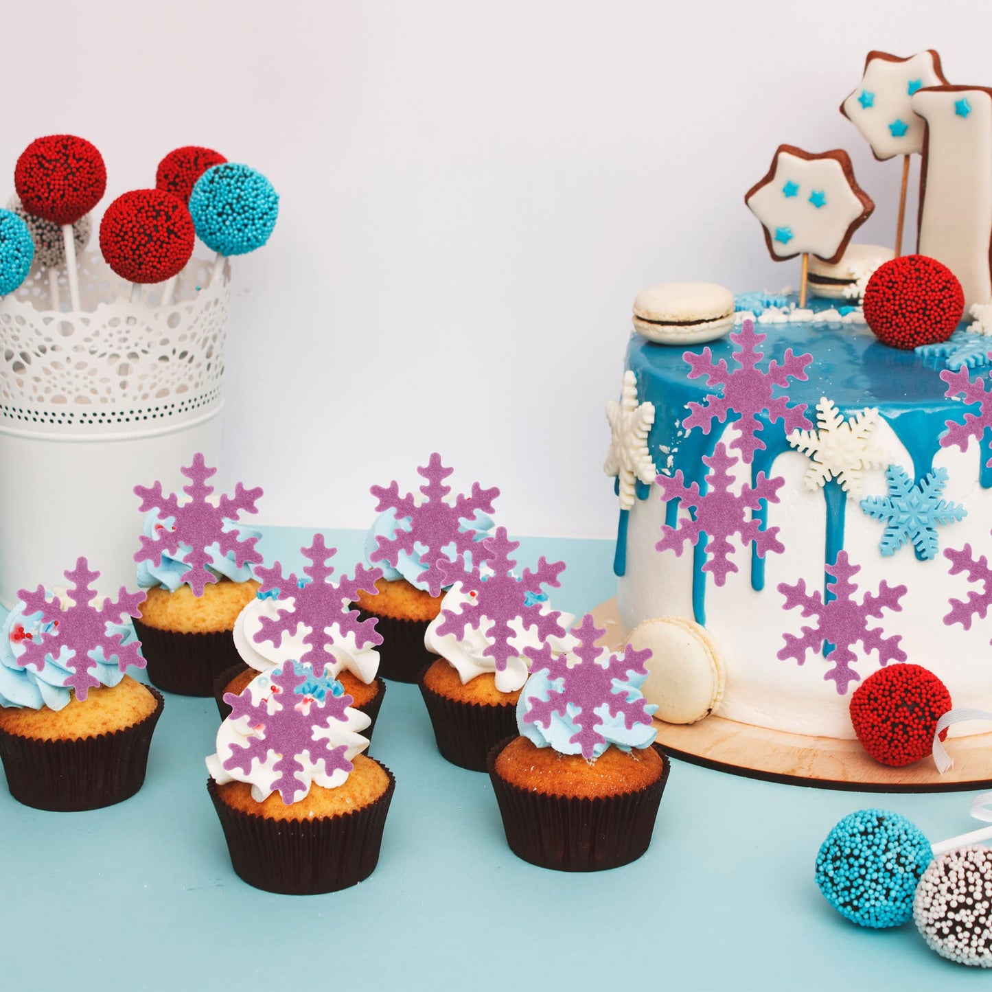 Gyufise 50Pcs Purple Edible Cupcake Toppers Snowflakes Cake Toppers Snowflakes Cake Decoration Winter Frozen Birthday Party Supp