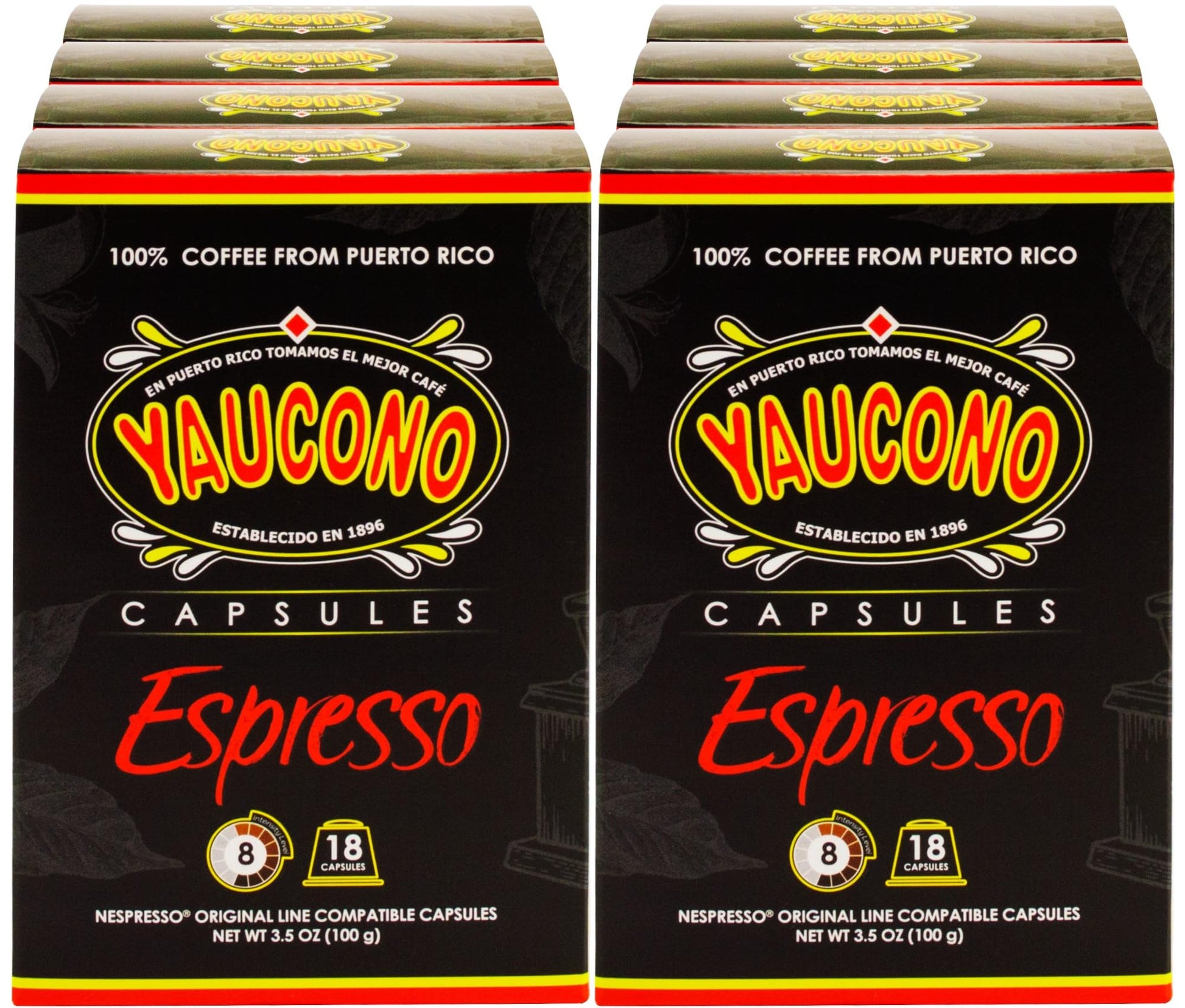 Yaucono Espresso Capsules, Espresso Roast, Compatible with Nespresso, 144 Count (8 Packs of 18)