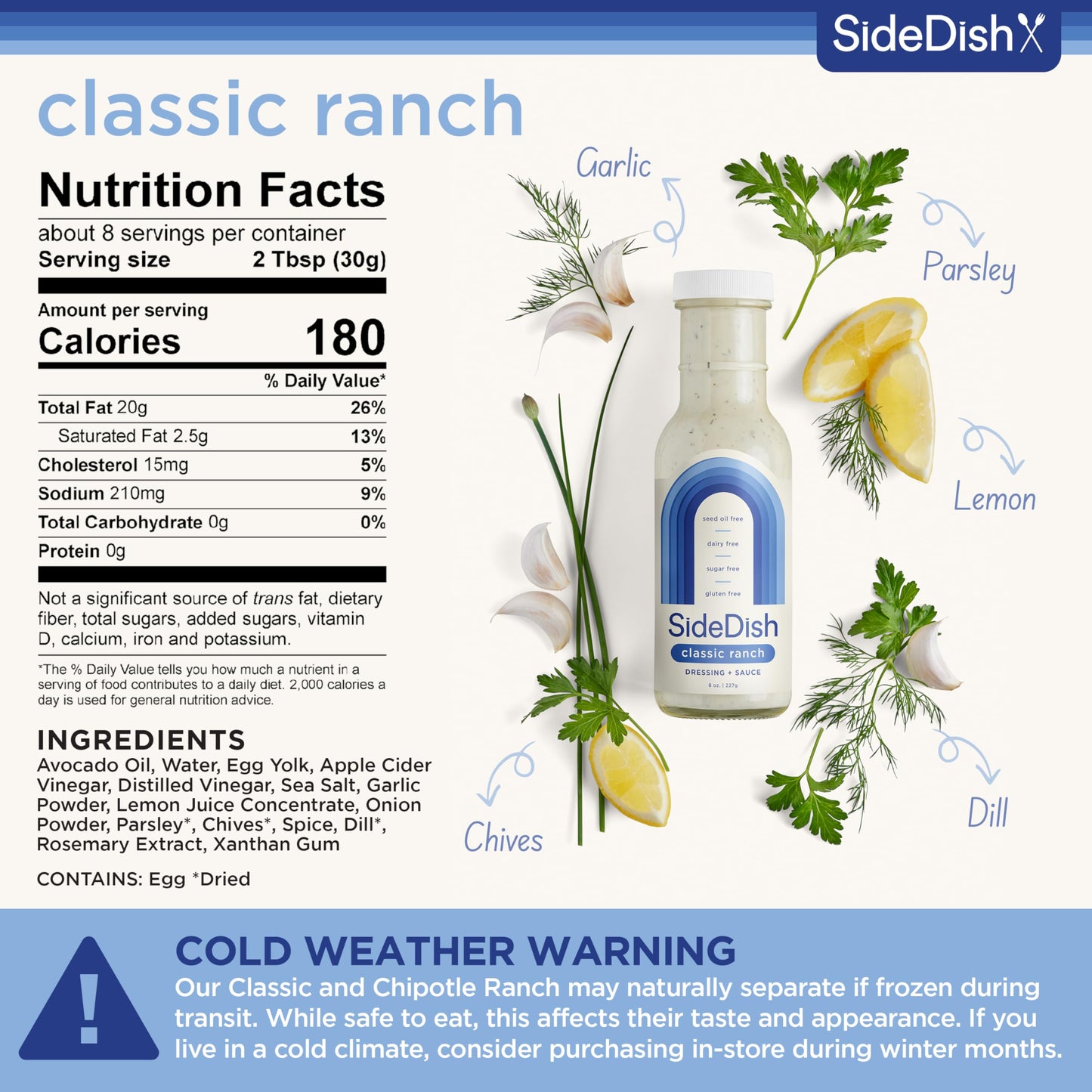SideDish Classic Ranch Dressing - Dairy Free, Gluten Free, Sugar Free - 8 Fl Oz (Pack of 3)