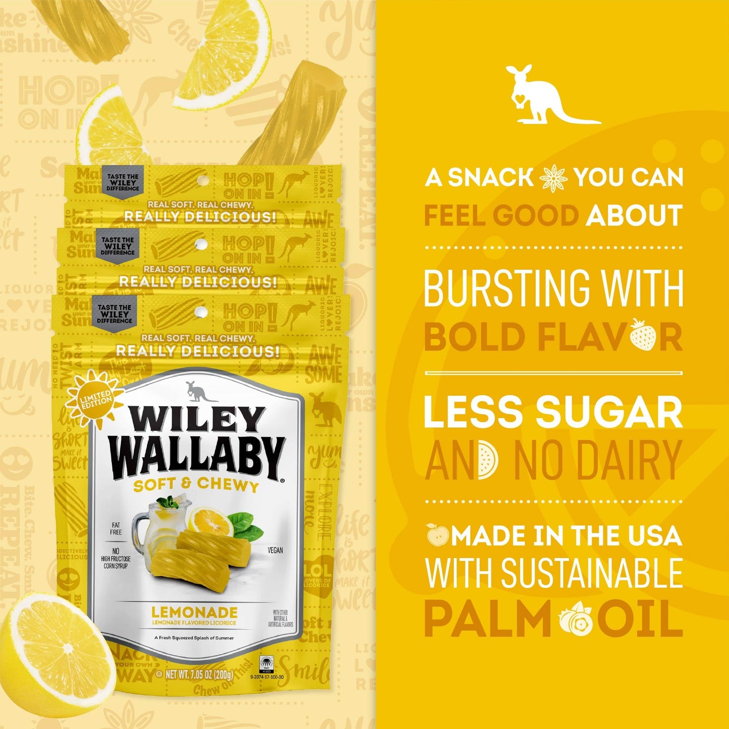 Wiley Wallaby Licorice 7.05 Ounce Classic Gourmet Soft & Chewy Australian Lemonade Licorice Candy Twists, 3 Pack