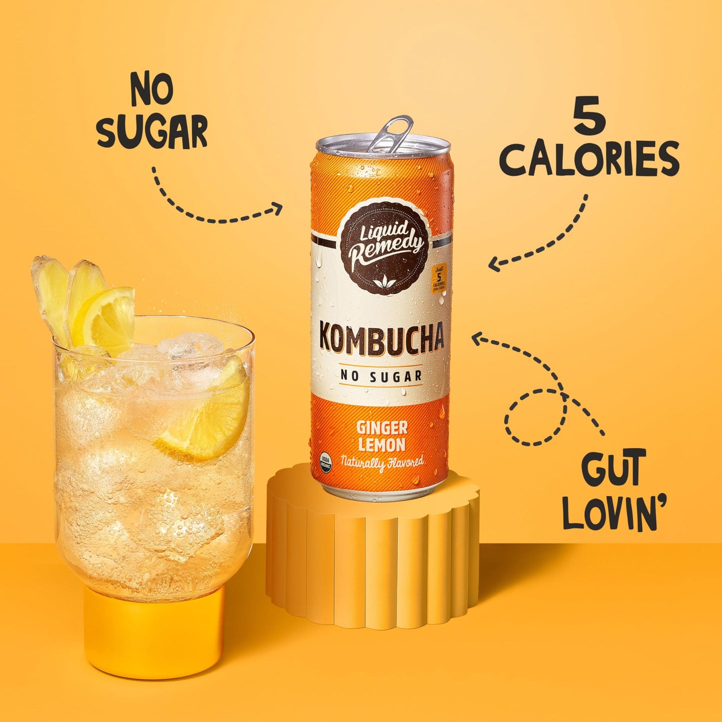 Liquid Remedy Kombucha Sugar Free Organic Drink, Low Calorie, Probiotic Like Tea For Gut Health - Ginger Lemon - 8.5 Fl Oz Can,