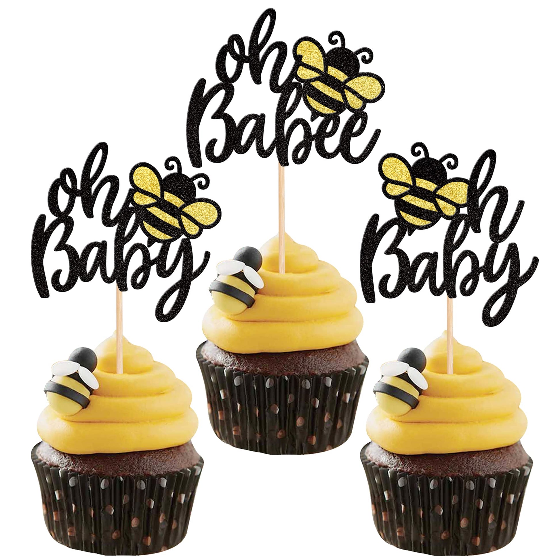 24 Pcs Bumble Bee Oh Baby Cupcake Toppers Glitter Oh Babee Cupcake Picks Honeybee Cake Decorations For Bee Theme Baby Shower Kids Birthday Party Supplies Black