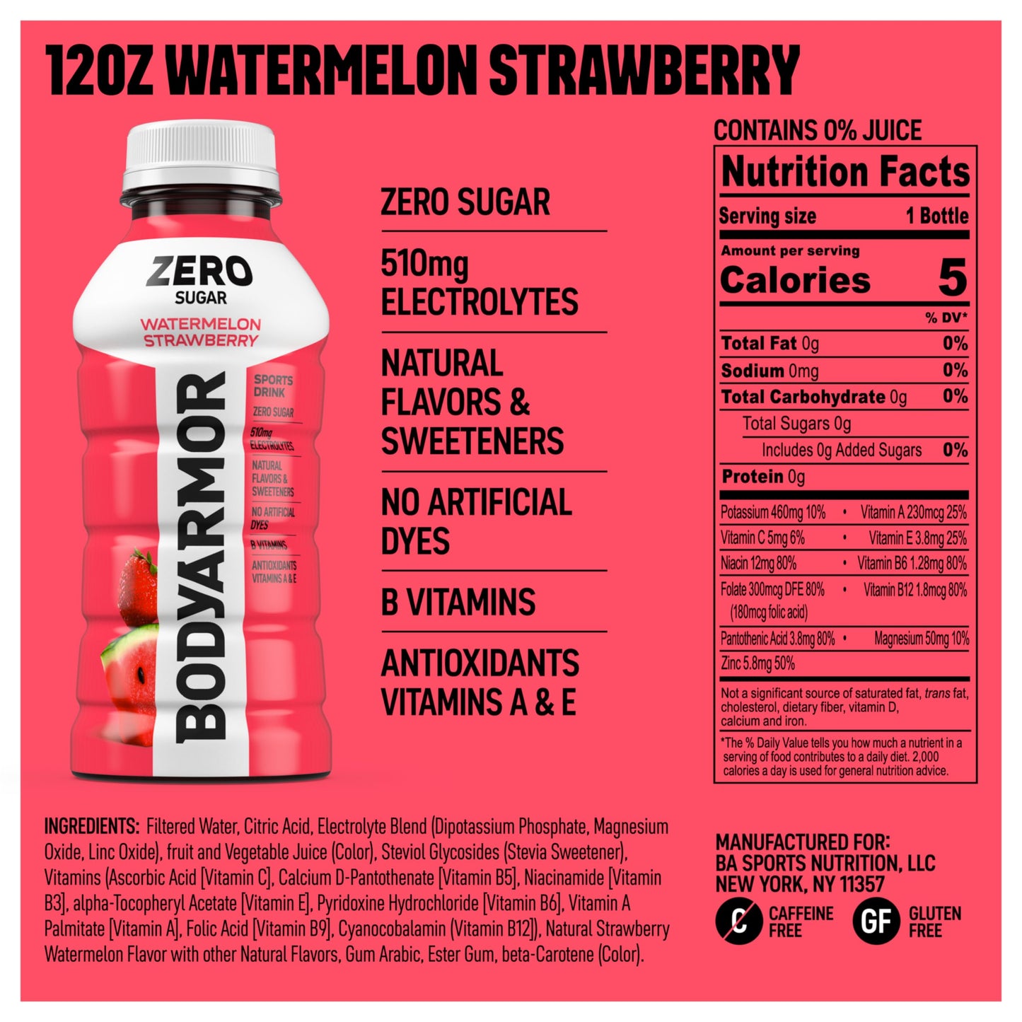 BODYprotective covering Zero Sugar Sports Drink, Watermelon Strawberry, Low-Calorie, 12 fl oz (Pack of 8)