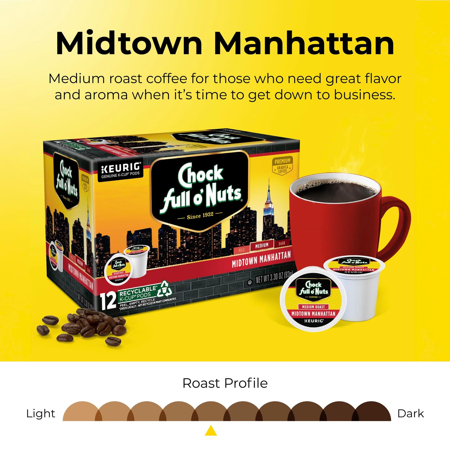Chock Full o Nuts Midtown Manhattan Coffee K-Cup Pods, 12 Count