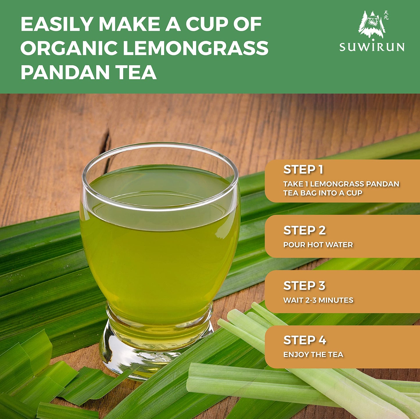 Suwirun Organic Lemongrass And Pandan Tea Bags - Pure Organic Herbal Tea Thai Herbal Tea Bags Pandan And Lemongrass Tea Bags (25