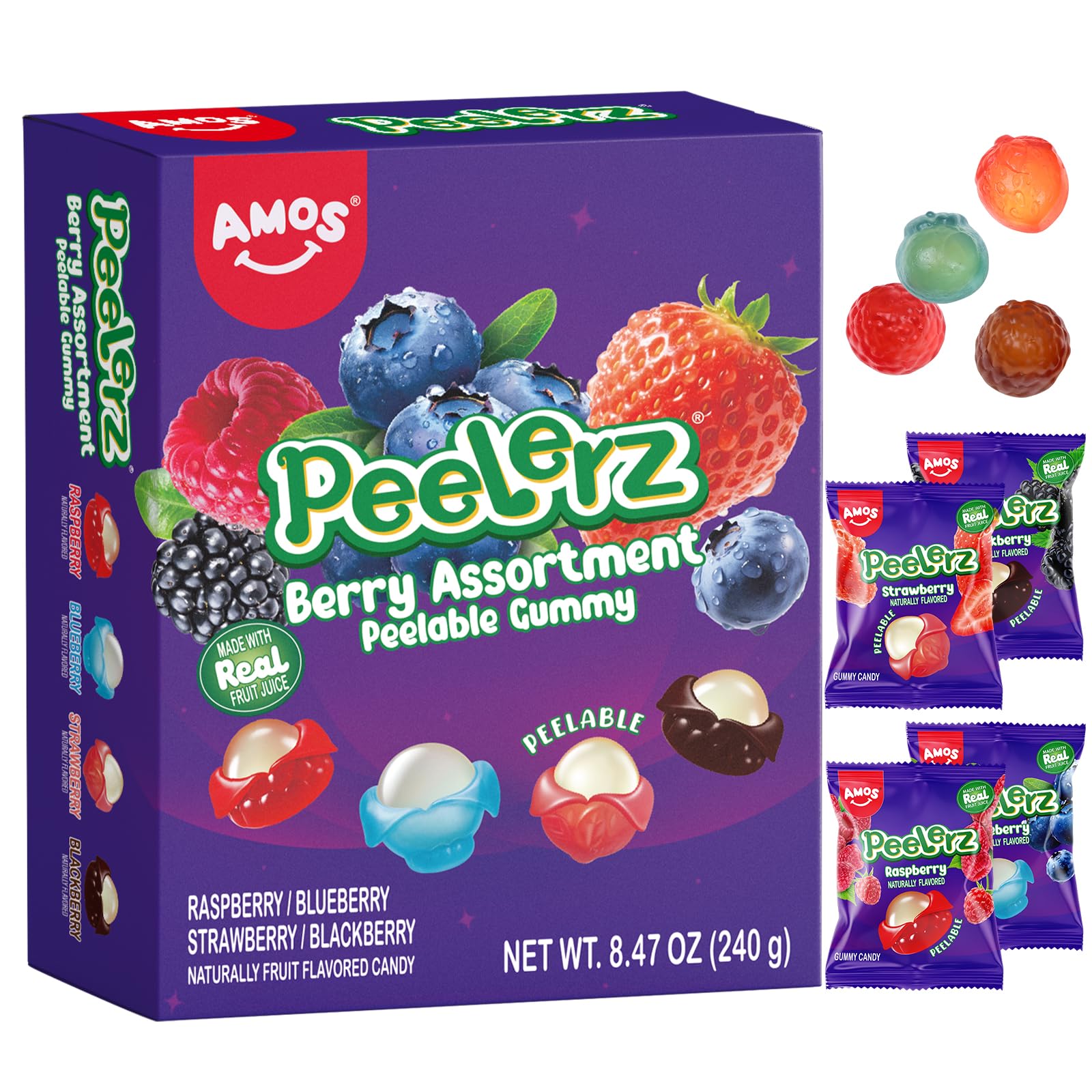 AMOS Peelerz Berry Assortment Gummy Candy 240g | Peelable Fruit-Shaped Gummies Made with Real Fruit Juice | Fun Peeling Snack fo