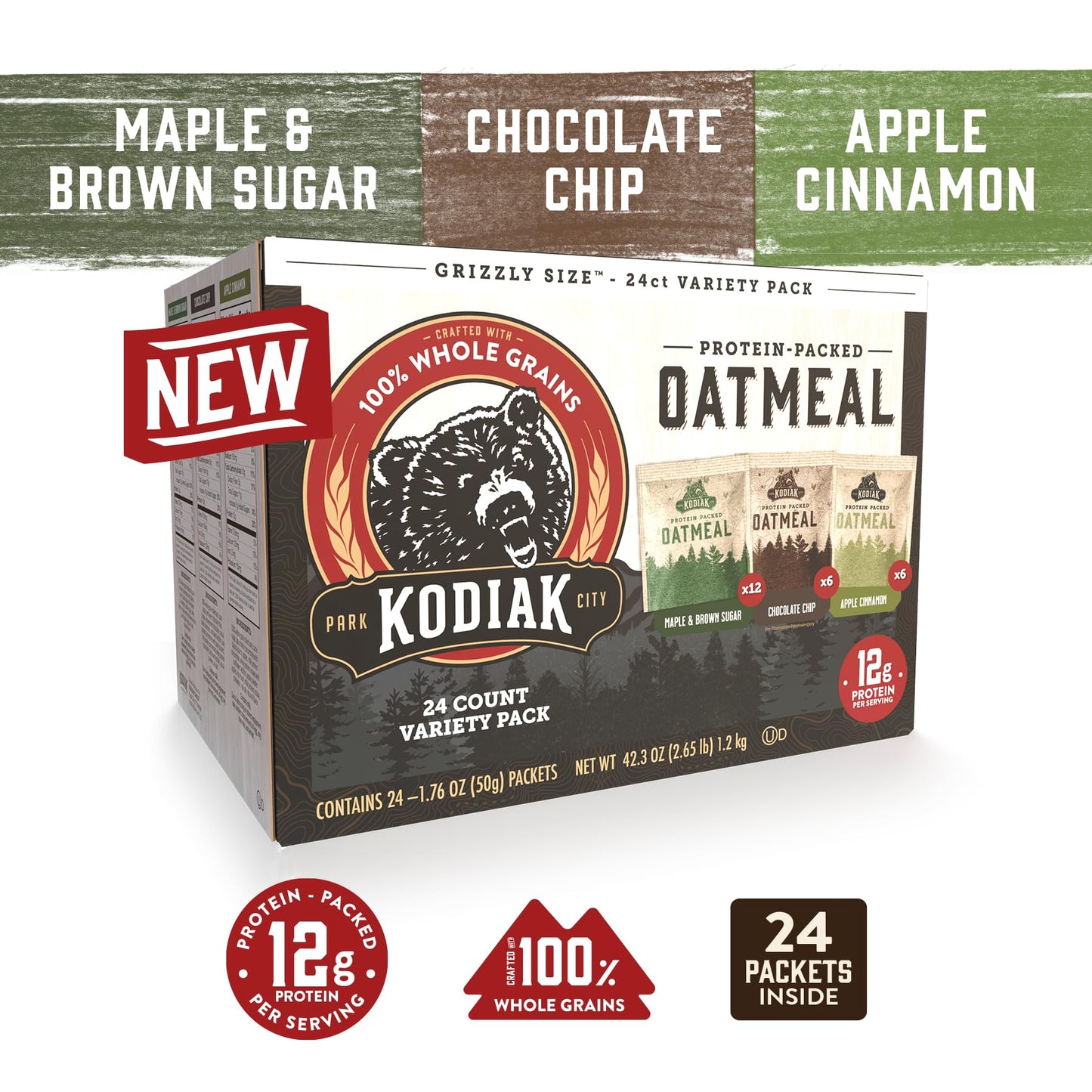 Kodiak Cakes Instant Oatmeal Packets Variety Pack - High Protein - 100% Whole Grains Breakfast Food - Maple & Brown Sugar  Apple Cinnamon  & Chocolate Chip (24 Packets)
