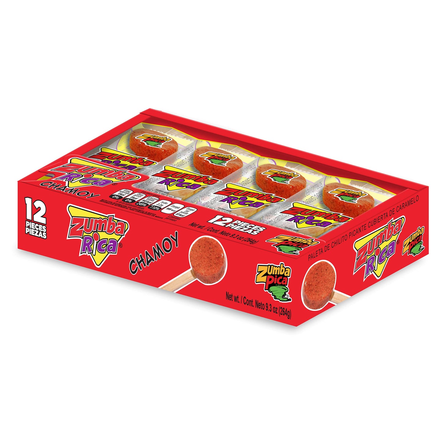 Zumba Rica Chamoy Chili Powder Lollipop 12pcs - Chamoy Lollipops with Chili Powder Cover with Caramel - Mexican Lollipop - Chamo