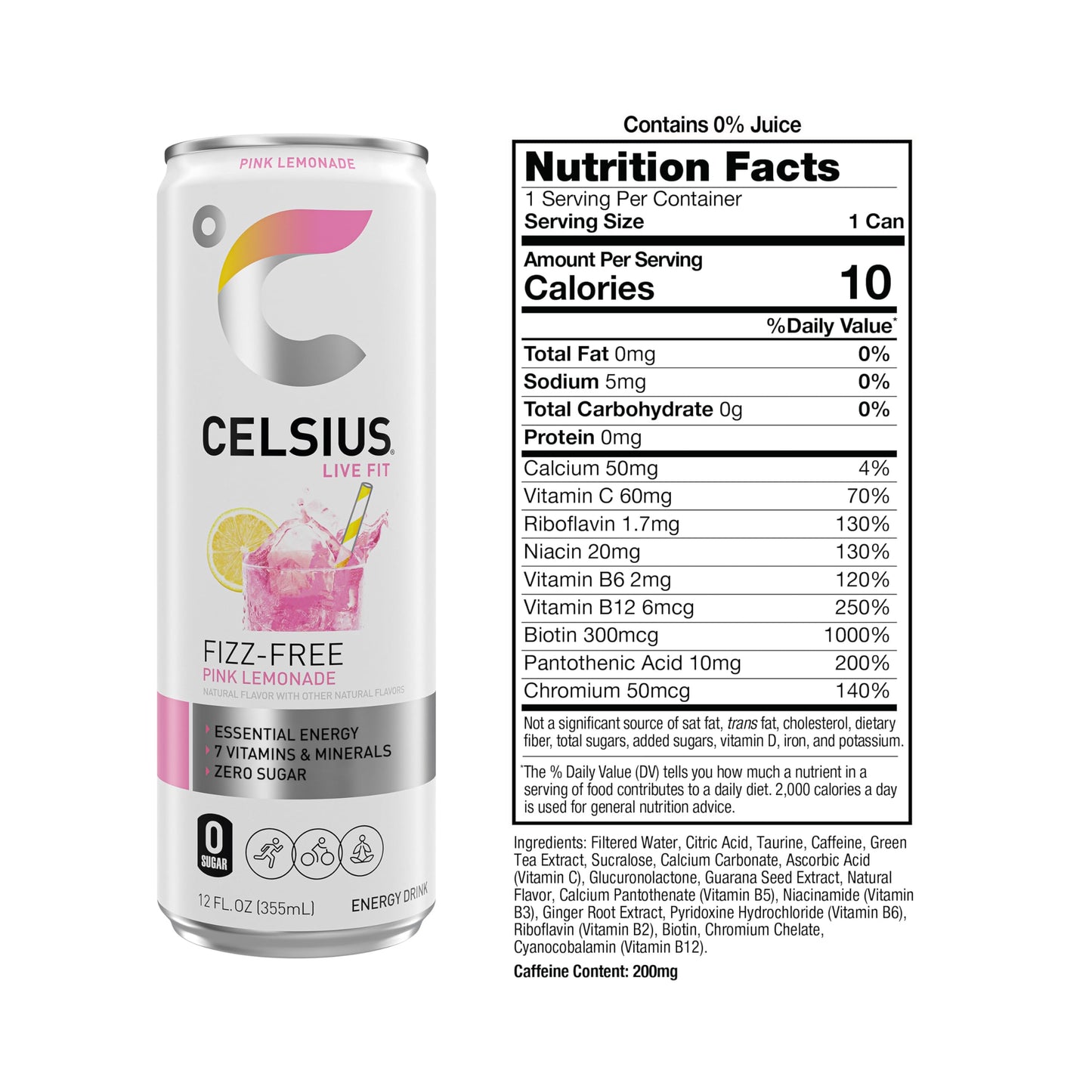 CELSIUS Fizz Free Pink Lemonade  Sugar Free Energy Drink  12 Fl Oz (Pack of 12)