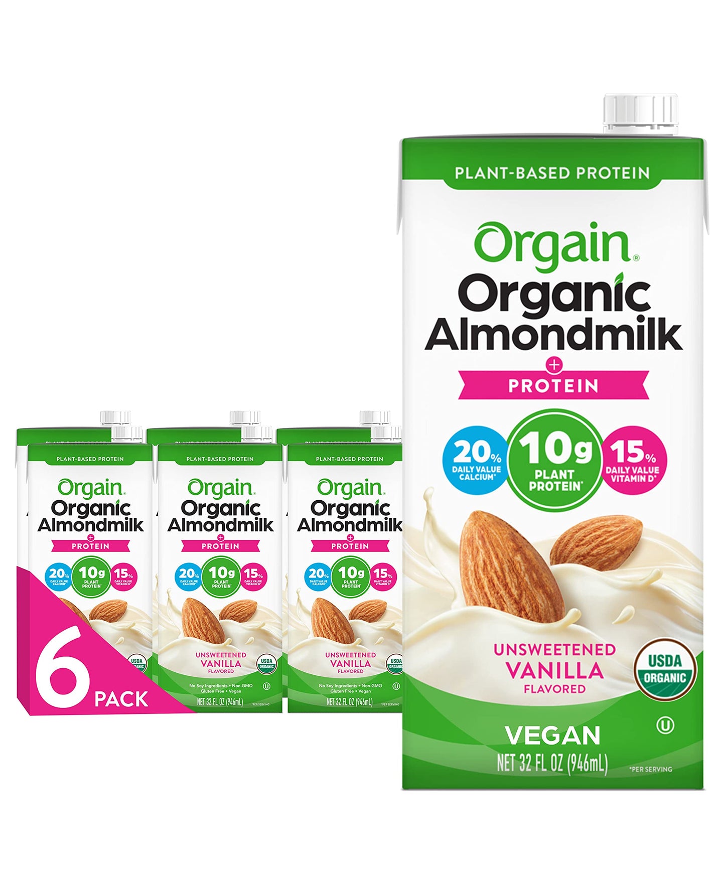 Orgain Organic Vegan Protein Almond Milk, Unsweetened Vanilla - 10g Plant Protein, Vitamin D & Calcium, No Lactose, Dairy & Soy 
