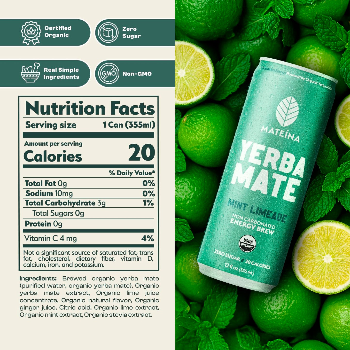 Mateina Yerba Mate Zero Sugar Energy Drink - 120mg Natural Caffeine - Organic  Non-GMO  Non-Carbonated - Dr. Andrew Huberman Recommended - 12 Pack (12oz Cans) (12 Pack  Mint Limeade)