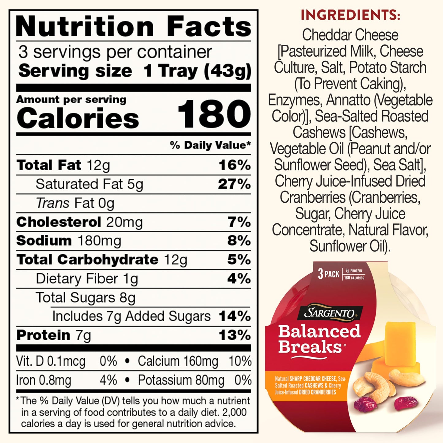 Sargento Balanced Breaks Natural Sharp Cheddar Cheese, Sea-Salted Roasted Cashews and Cherry Juice-Infused Dried Cranberries Sna