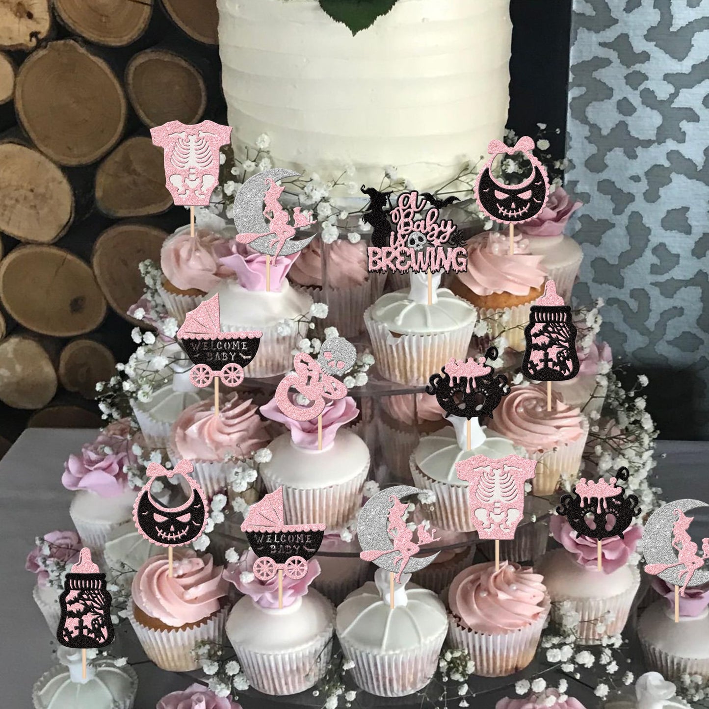 32 Pcs A Baby Is Brewing Halloween Cupcake Toppers Glitter Carriage Bottle Welcome Baby Shower Cupcake Picks For Halloween Theme