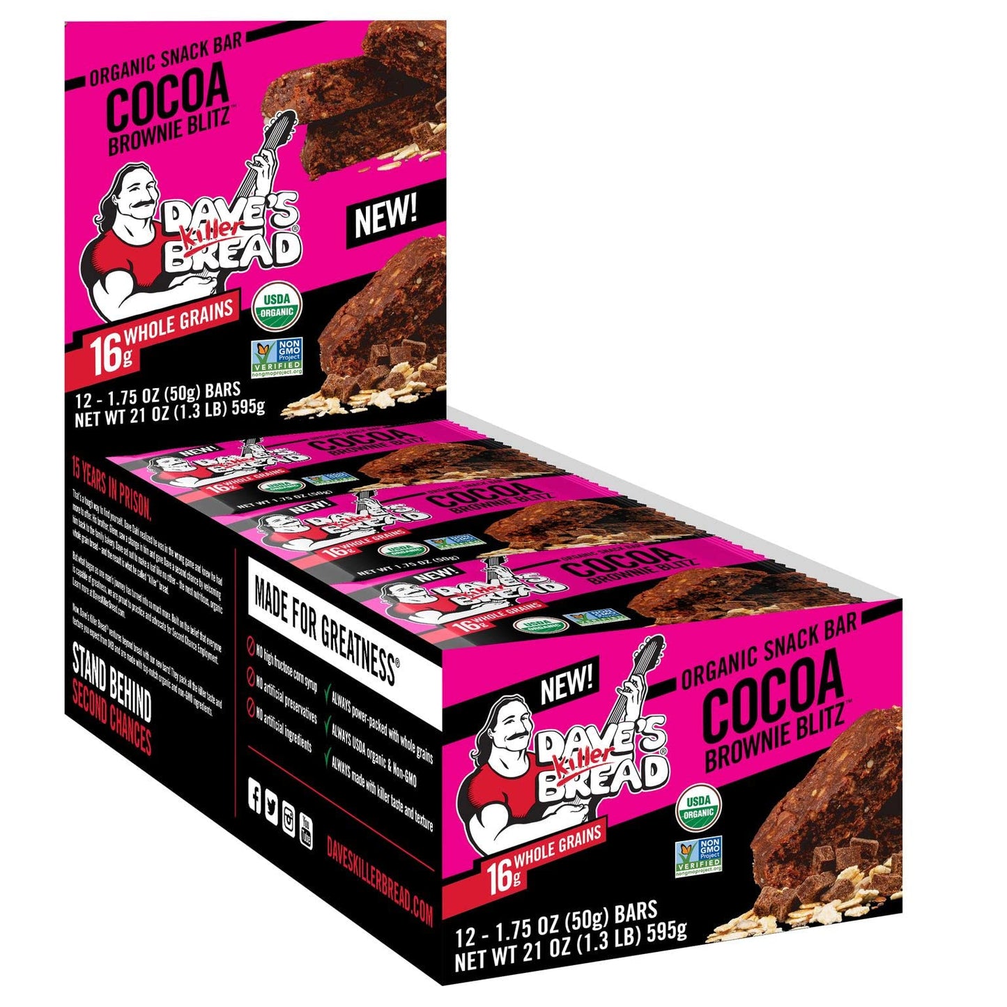 Daves Killer Bread Cocoa Brownie Blitz Organic Snack Bars  12 Individually Wrapped Snack Bars (Pack of 1)