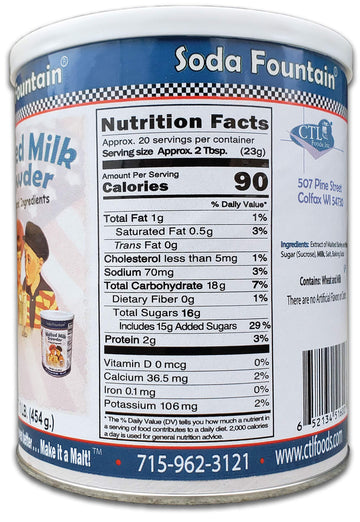 Soda Fountain Malted Milk Powder 1 lb. Canister - Malt Powder for Ice Cream and Baking