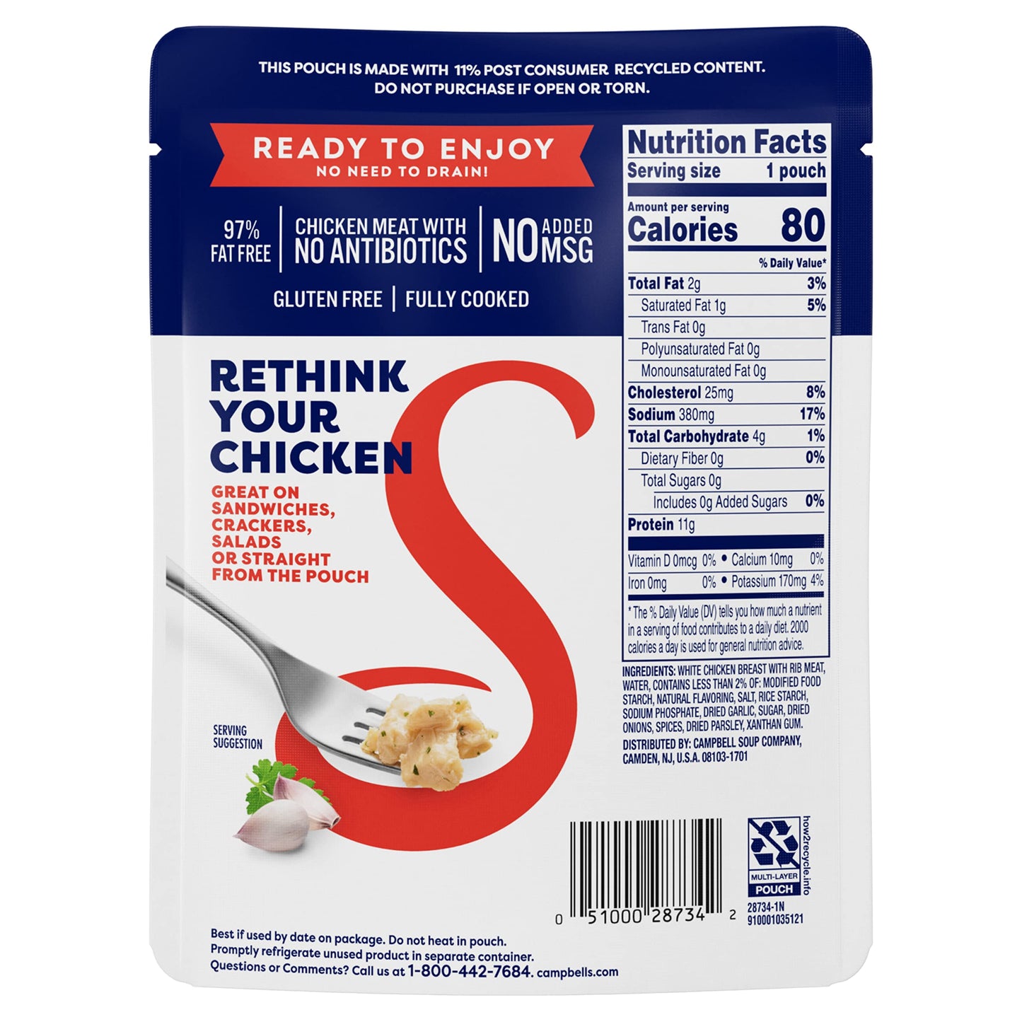 SWANSON S Garlic and Herbs Fully Cooked Chicken Pouch, 2.6 OZ (Pack of 12), Ready to Eat, White