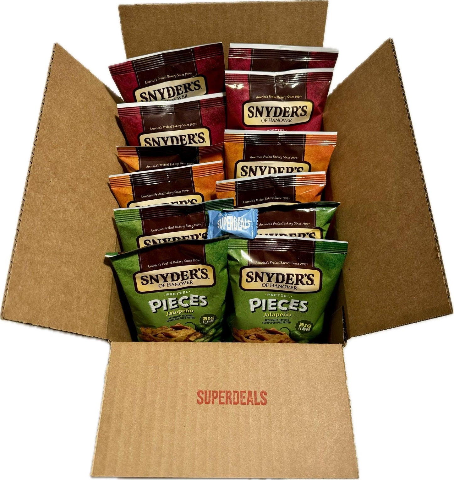SUPERDEALS Snyders Pretzel Pieces Variety Pack - 12 Bags (2.25 oz each) - Cheddar, Honey Mustard, Jalapeno - Total 27 Ounces