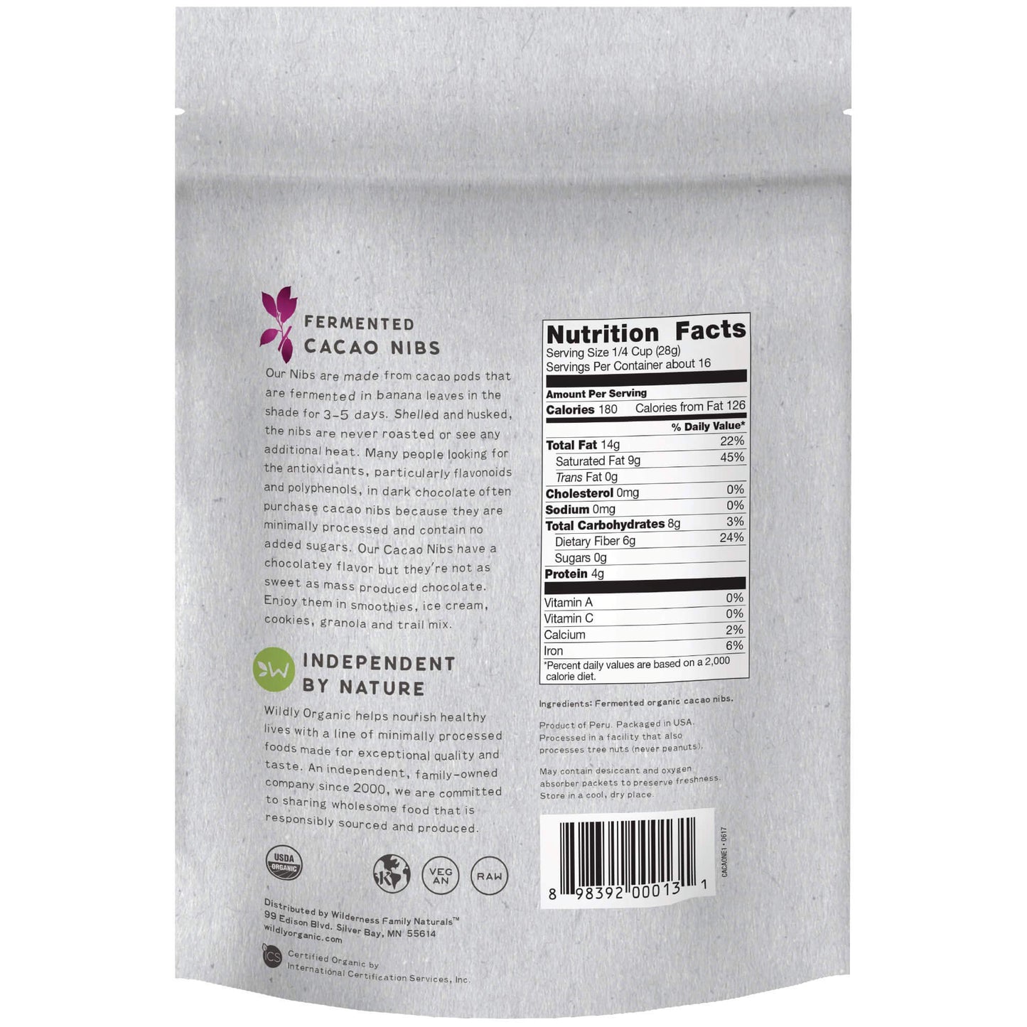 Wildly Organic Fermented Cacao Nibs 16 Oz, 1 Lb Bag - Organic, Non-Alkalized, Minimally Processed, Raw, Non-Gmo, Kosher, Vegan,