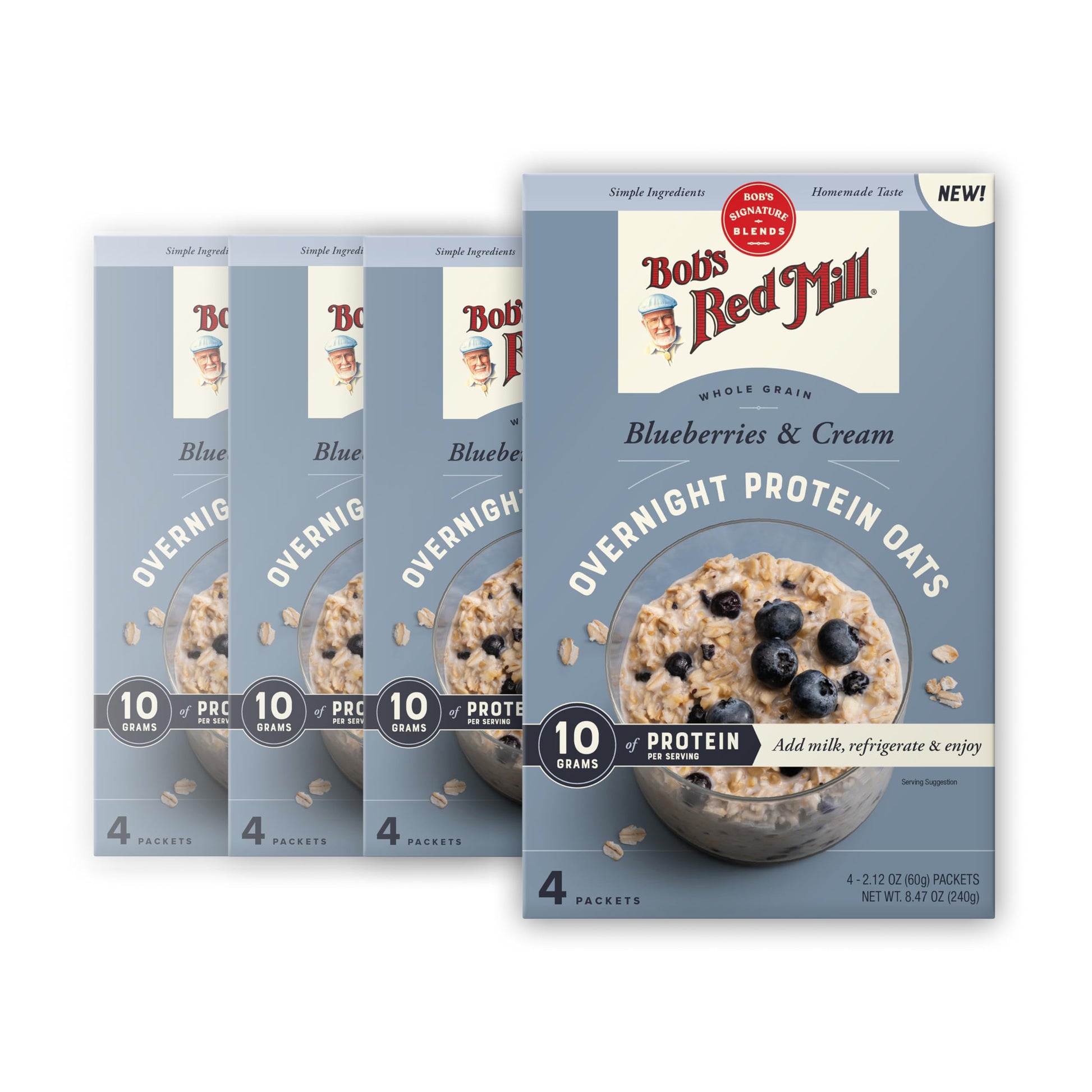 Bob s Red Mill Overnight Protein Oats, Blueberries & Cream, 16 Packets Total, Non-GMO, Gluten Free, Whole Grain