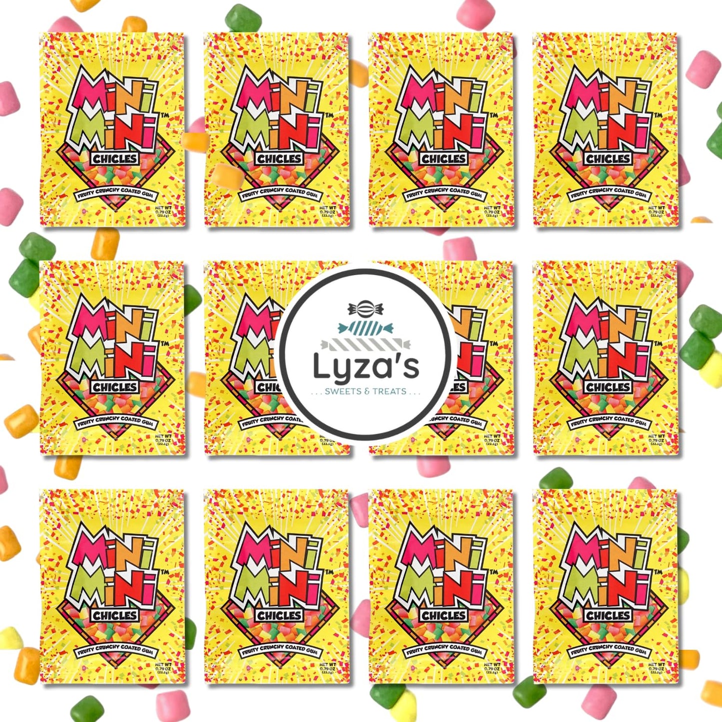 LYZAS SWEETS & TREATS Mini Chicles - Fruity Crunchy Coated Bubble Gum - Gift Pack of 12 Pouches, 0.79 oz. Each