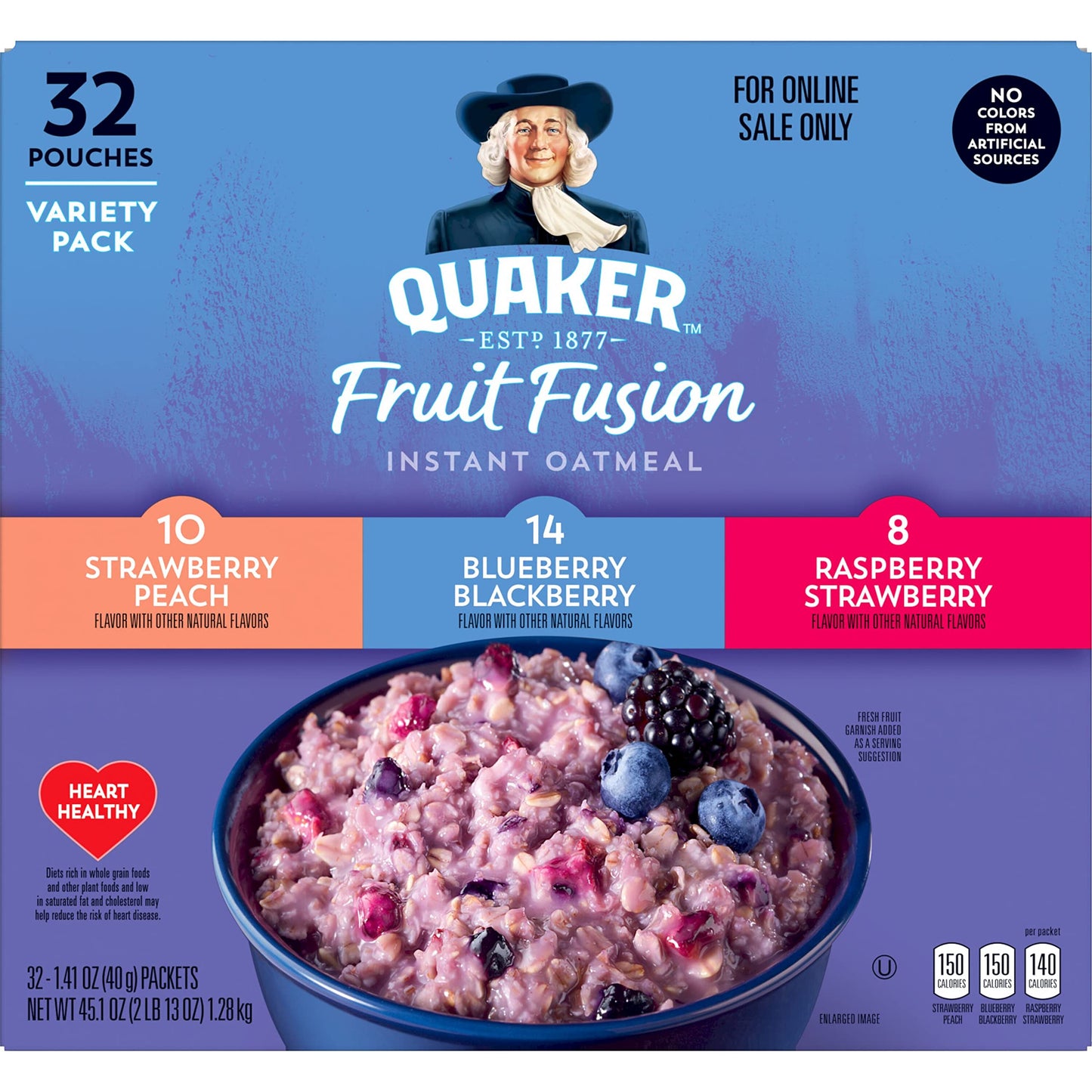 Quaker Instant Oatmeal, Fruit Fusion, 3 Flavor Variety Pack, 1.41Oz Packets (32 Pack)