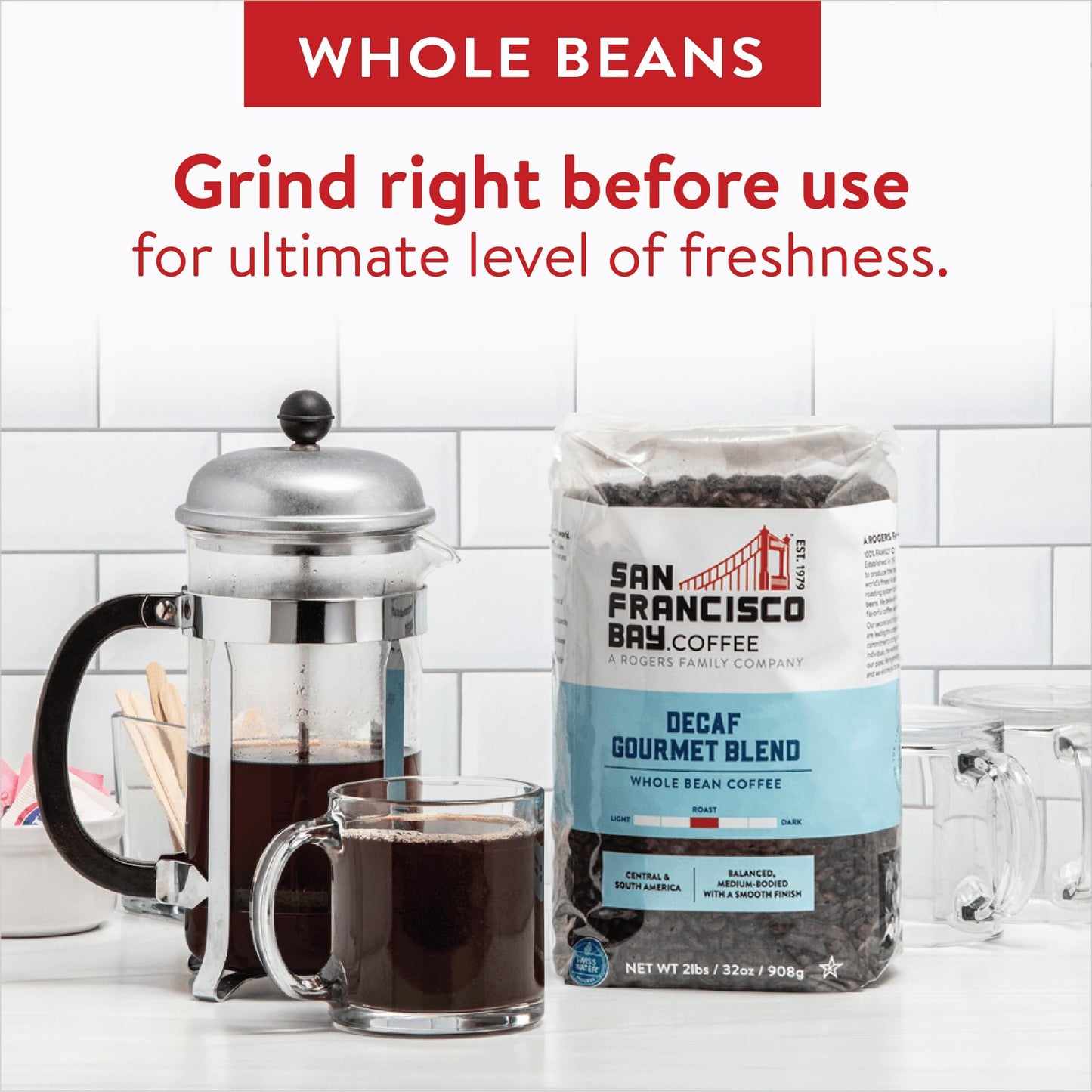 San Francisco Bay Whole Bean Coffee - Decaf Gourmet Blend (2Lb Bag), Medium Roast, Swiss Water Processed