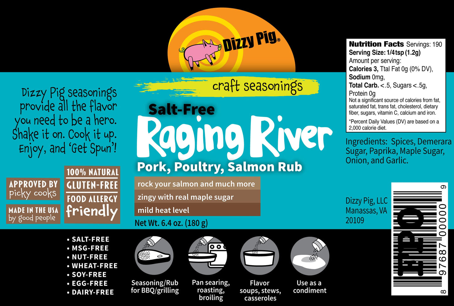 Dizzy Pig Salt-Free Raging River Salmon Seasoning Rub (8Oz Shaker) - Seasons 30+Lbs Of Food - Hand Made In The Usa - Msg Free, Gluten Free