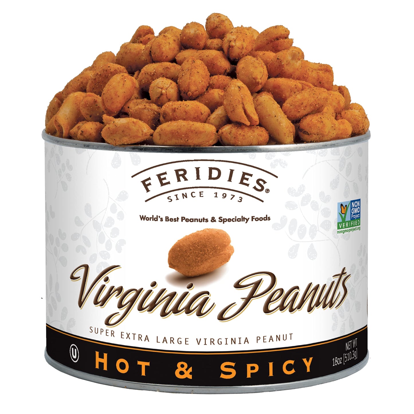 FERIDIES Super Extra Large Virginia Peanuts, Hot & Spicy, 18oz Can